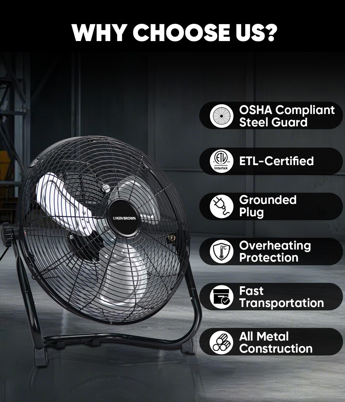 KEN BROWN 2300 CFM 14 Inch High Velocity Box Fan, Aluminum Blades Metal Floor Fan with 3 Speeds, 360° Tilt, Heavy Duty Metal, Cooling for Home Patio