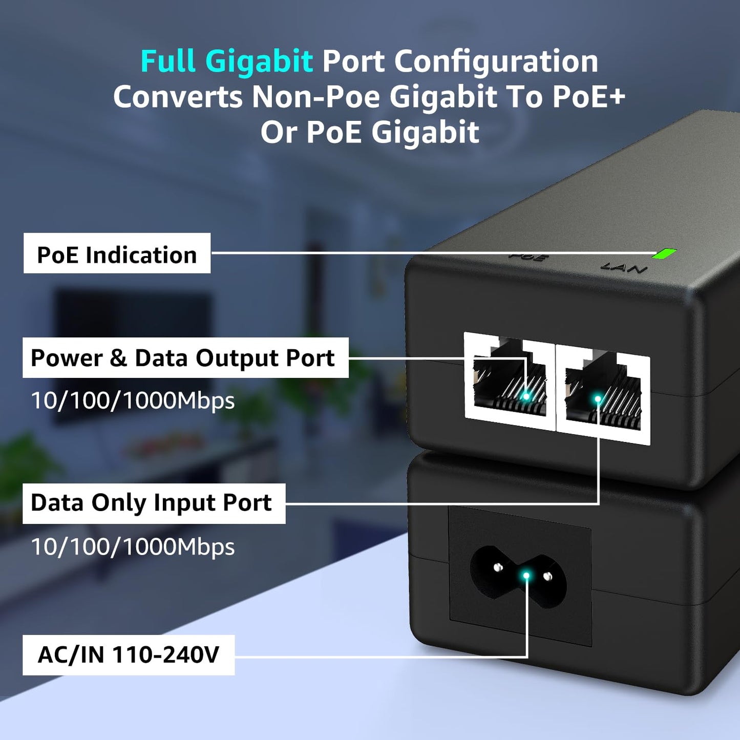 YuanLey Gigabit PoE Injector Adapter 30W, Converts Non-PoE to PoE Gigabit, Power Over Ethernet Injector 48V IEEE 802.3af/at, 10/100/1000Mbps PoE+