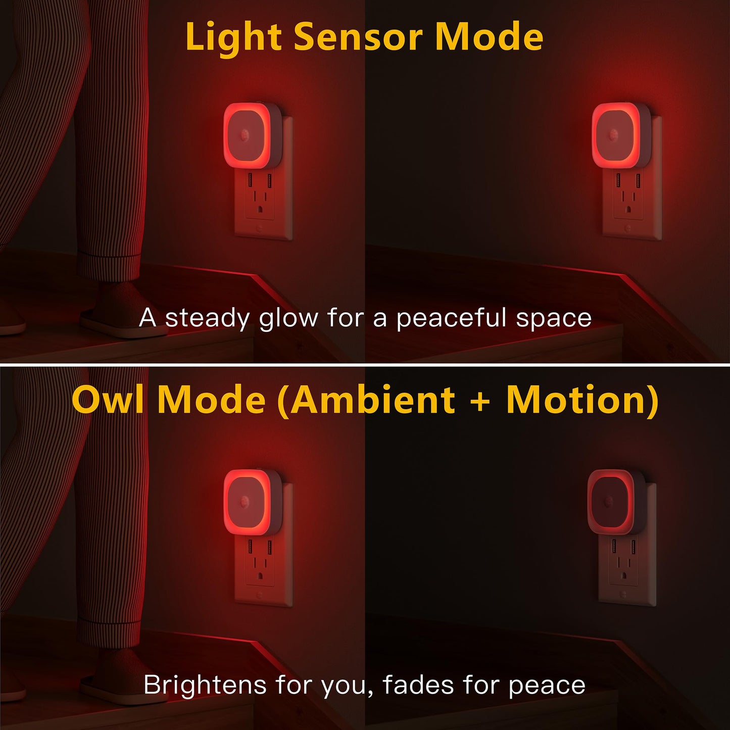 YUNLEX 2 Pack Plug in Red Night Light with Motion Sensor & Dusk to Dawn Sensor, Soft Glow, 0% Blue Light, Dimmable, Auto On/Off, 3 in 1 LED Lights