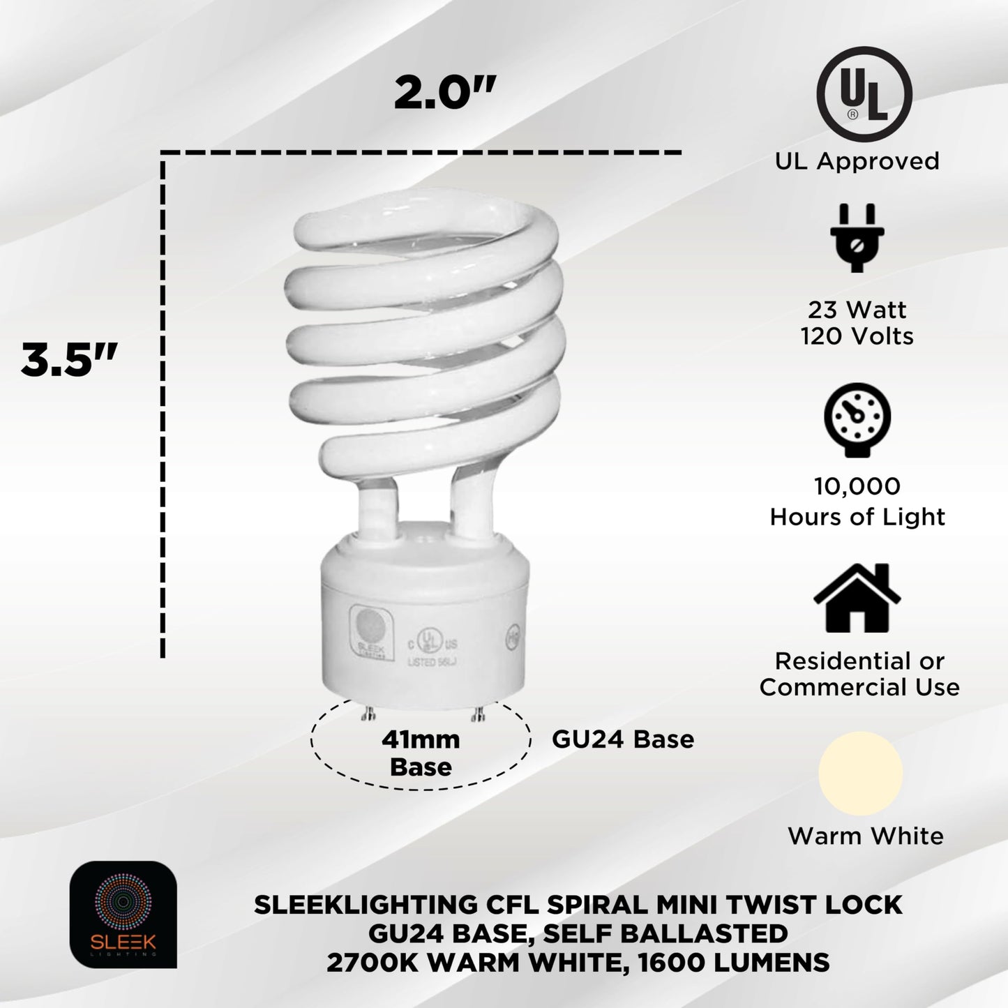 SLEEKLIGHTING GU24 23W T2 Spiral CFL Light Bulb 2700K Warm White 2-Prong