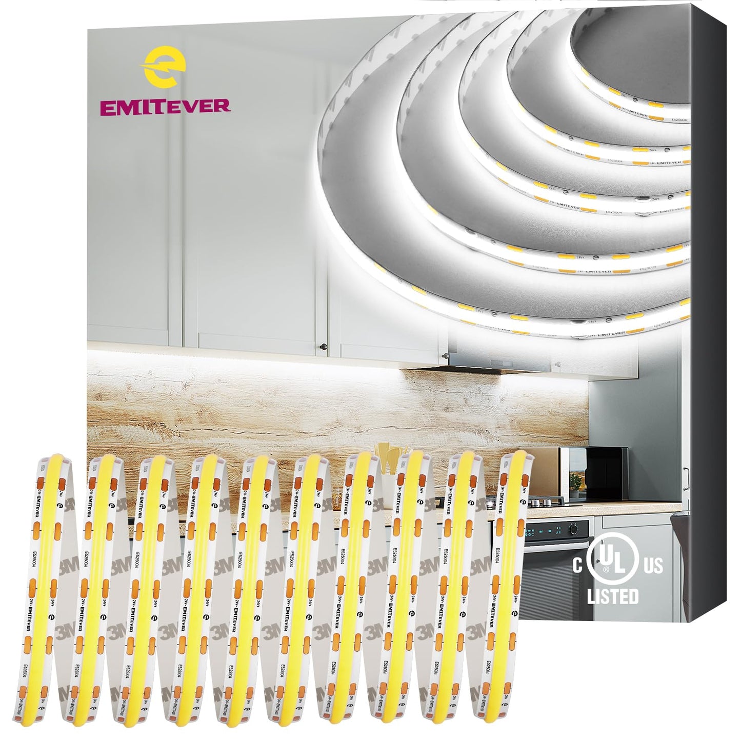 EMITEVER COB LED Strip Lights Cool White 25ft, 5000K Ra 90+ Tape Light Premium High Density, 24V, 300+Lumens/ft, 3600LEDs/Spool, 3W/ft, UL Listed 5