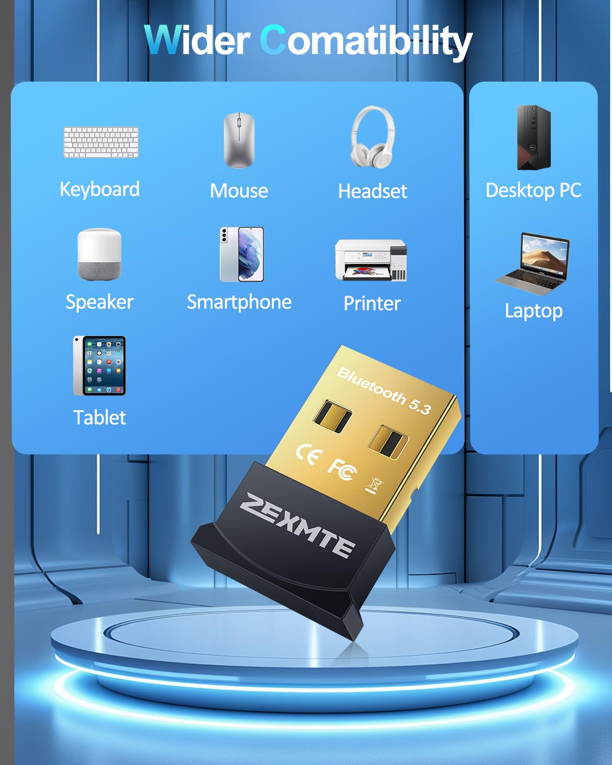 ZEXMTE USB Bluetooth Adapter for PC, 5.3 Bluetooth Dongle Receiver EDR & BLE, Plug and Play for Desktop Laptop Keyboard Mouse Headsets Speakers, USB