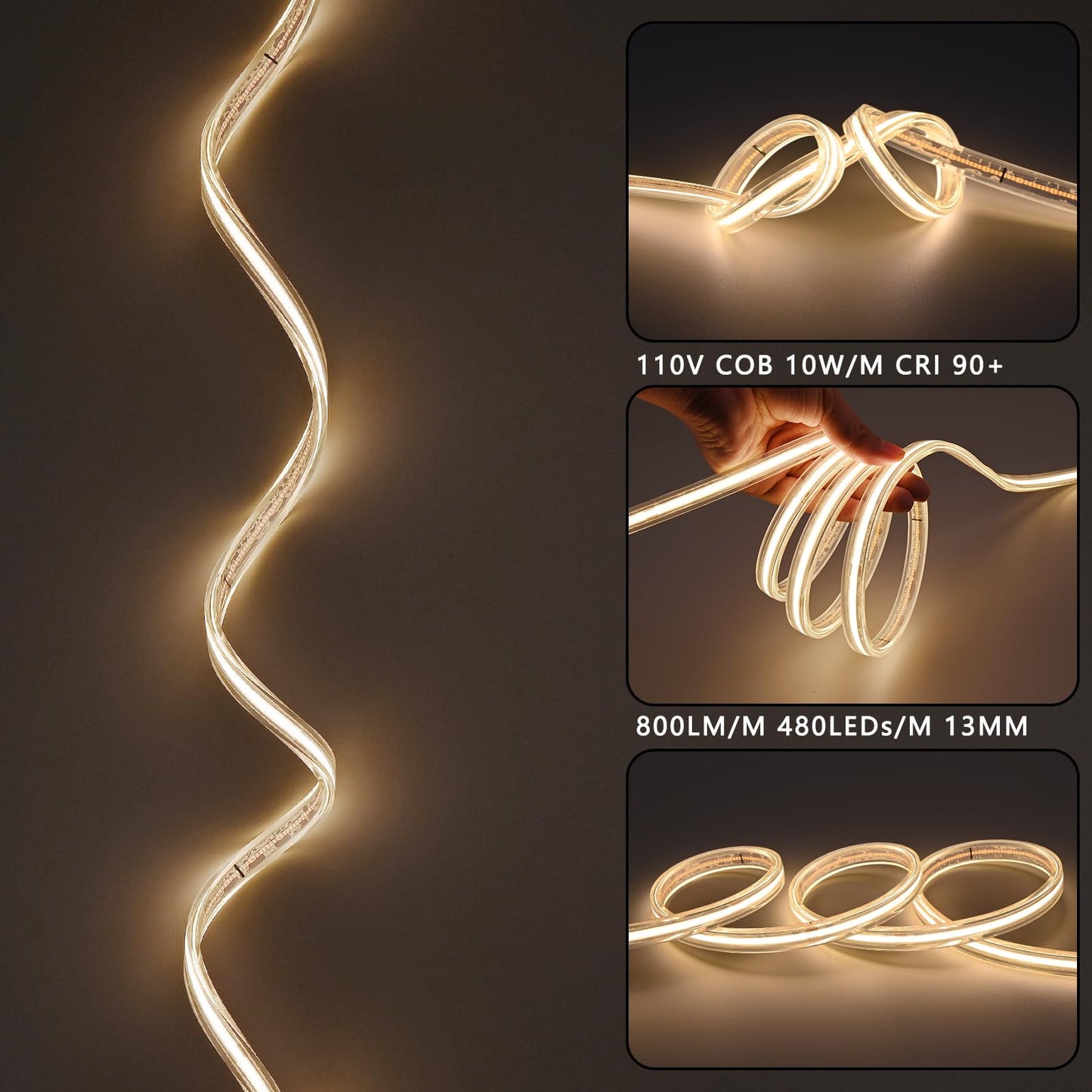 BENLUN AC 110V COB LED Strip Lights Outdoor Waterproof IP67 65.6FT, 3000K Warm White 200W 480LEDs/M CRI 90+ Transparent Silicone LED Rope Light