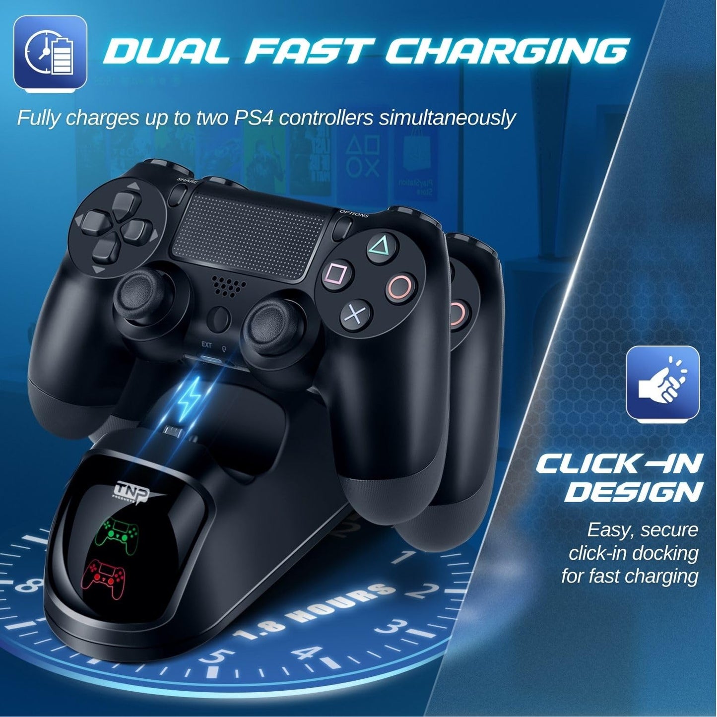 TNP PS4 Controller Charging Station Dock Stand PS-4 Dualshock Control Gamepad USB Port Dual Charger Cradle Base with Cable & LED Indicator for Sony