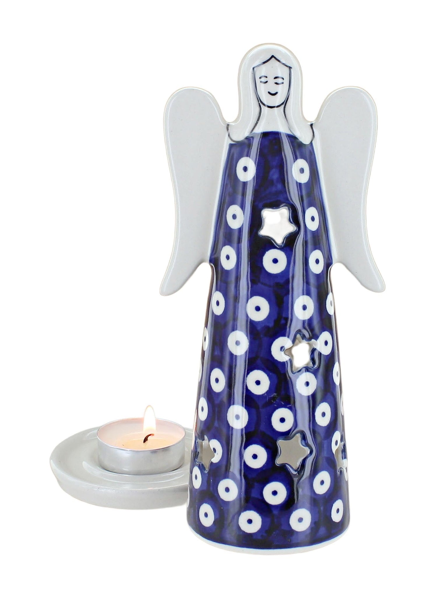 Blue Rose Polish Pottery - Blue Dots Large Angel Luminary - 7.75" Tall - Hand-Painted Polish Pottery Holiday Candle Holder, Unique Christmas Gift