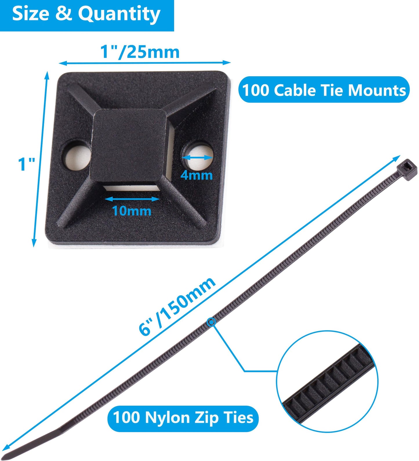 Cable Tie Mounts, Adhesive-Backed, 1 Inch, for Cable Management, Cable Tie Anchors, 100 Pack, Black