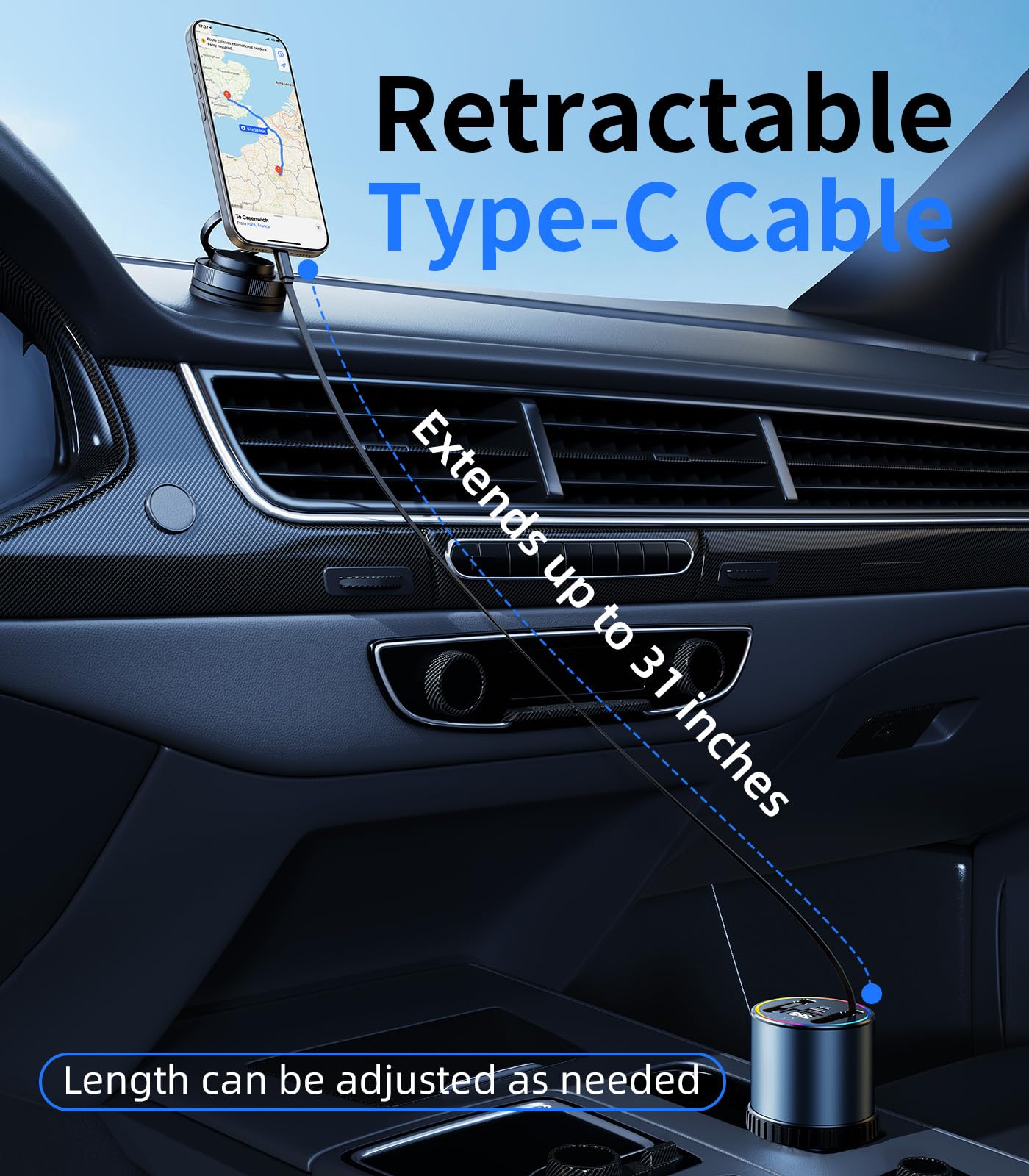 DICMKY Retractable Car Charger USB Hub with RGB Light, 4 Port Car Charging Station Cigarette Lighter Adapter, Travel Essentials Car Accessories