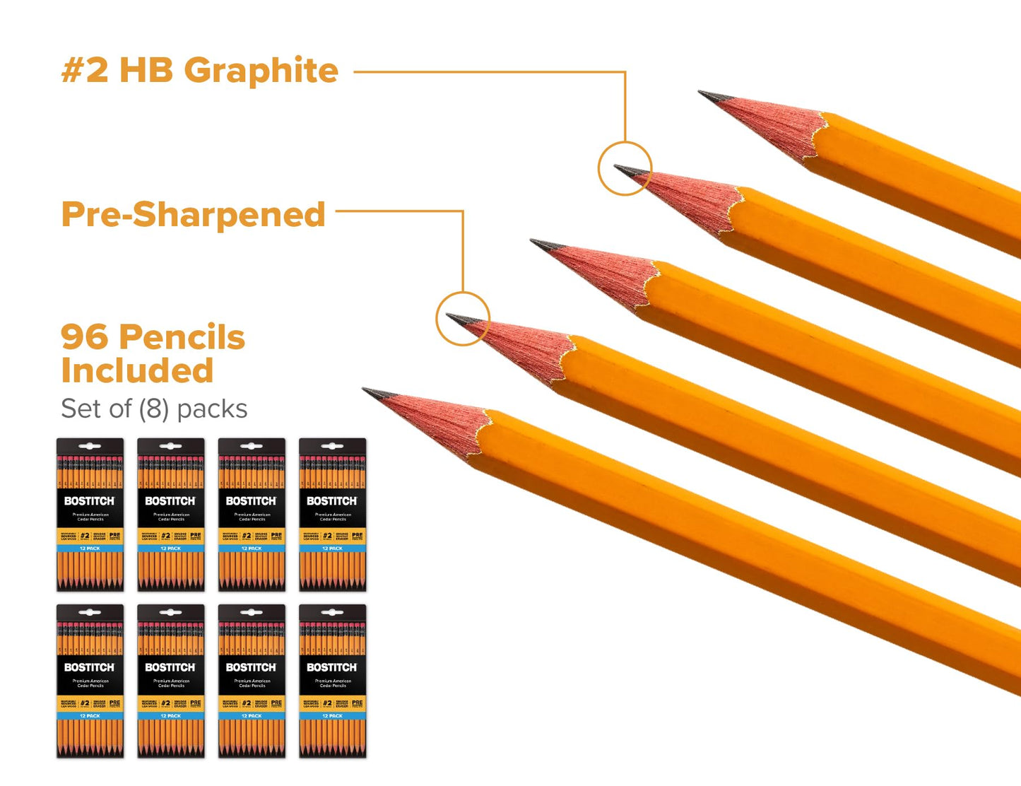 Bostitch Office Premium #2 Pencils, American Cedar Wood, Pre-Sharpened, HB Graphite, 60-Pack