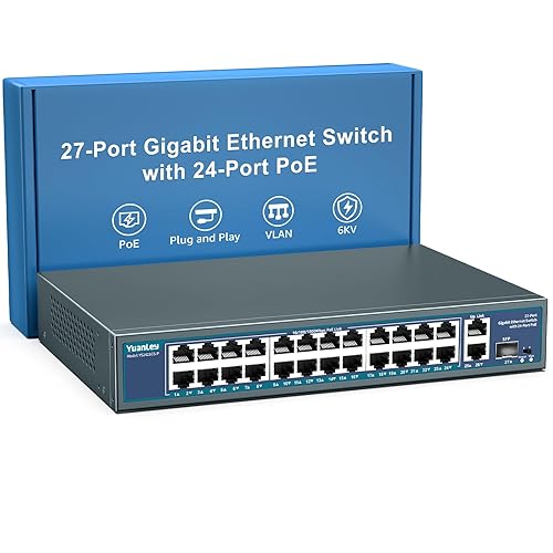 24 Port Gigabit PoE Switch Unmanaged, YuanLey 27-Port Gigabit PoE with 2 Uplink & 1 SFP, Rackmout, Build in 400W Power, Support 802.3af/at, Plug