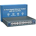 24 Port Gigabit PoE Switch Unmanaged, YuanLey 27-Port Gigabit PoE with 2 Uplink & 1 SFP, Rackmout, Build in 400W Power, Support 802.3af/at, Plug