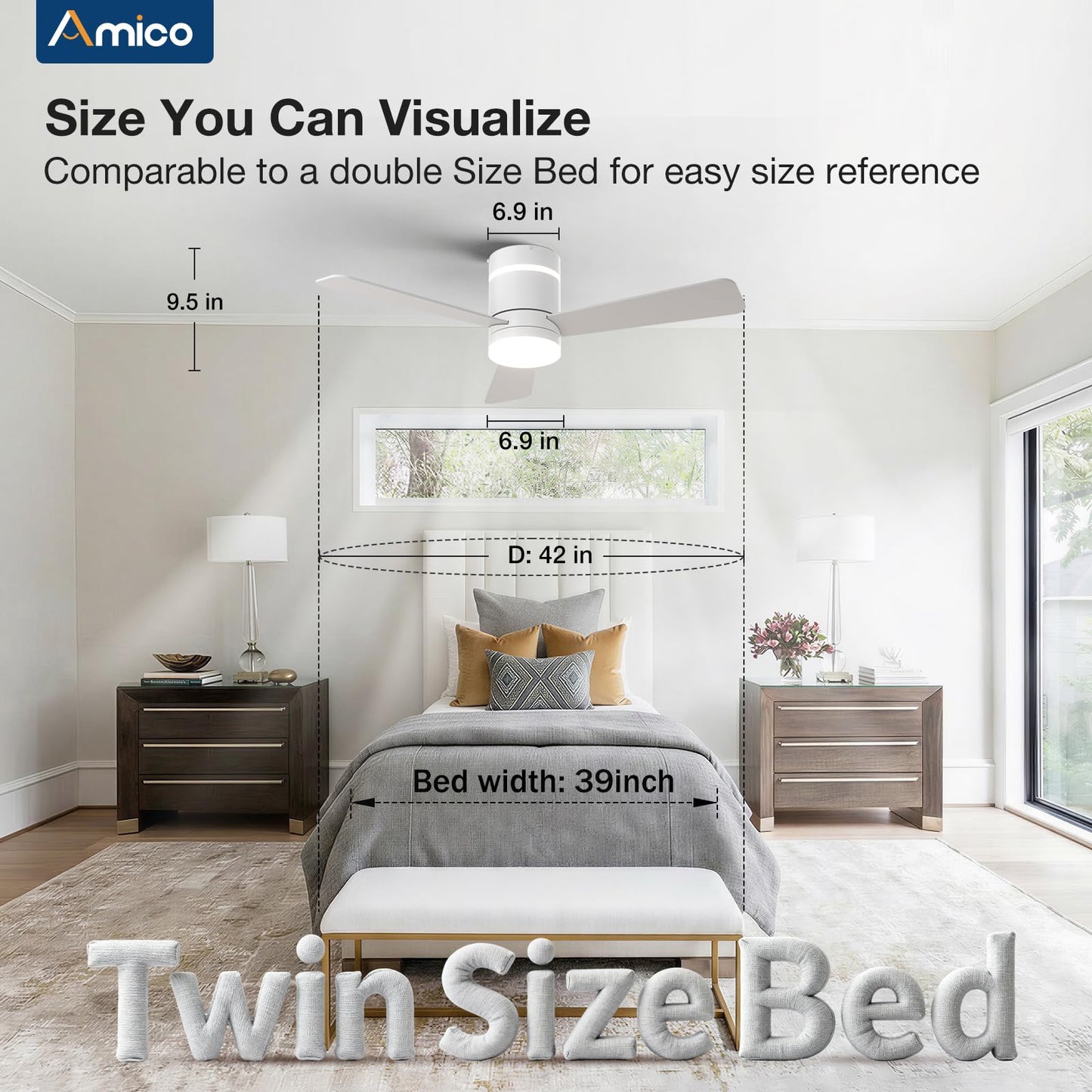 Amico 42 Inch RGB Ceiling Fans with Lights, Low Profile, app/remote, White