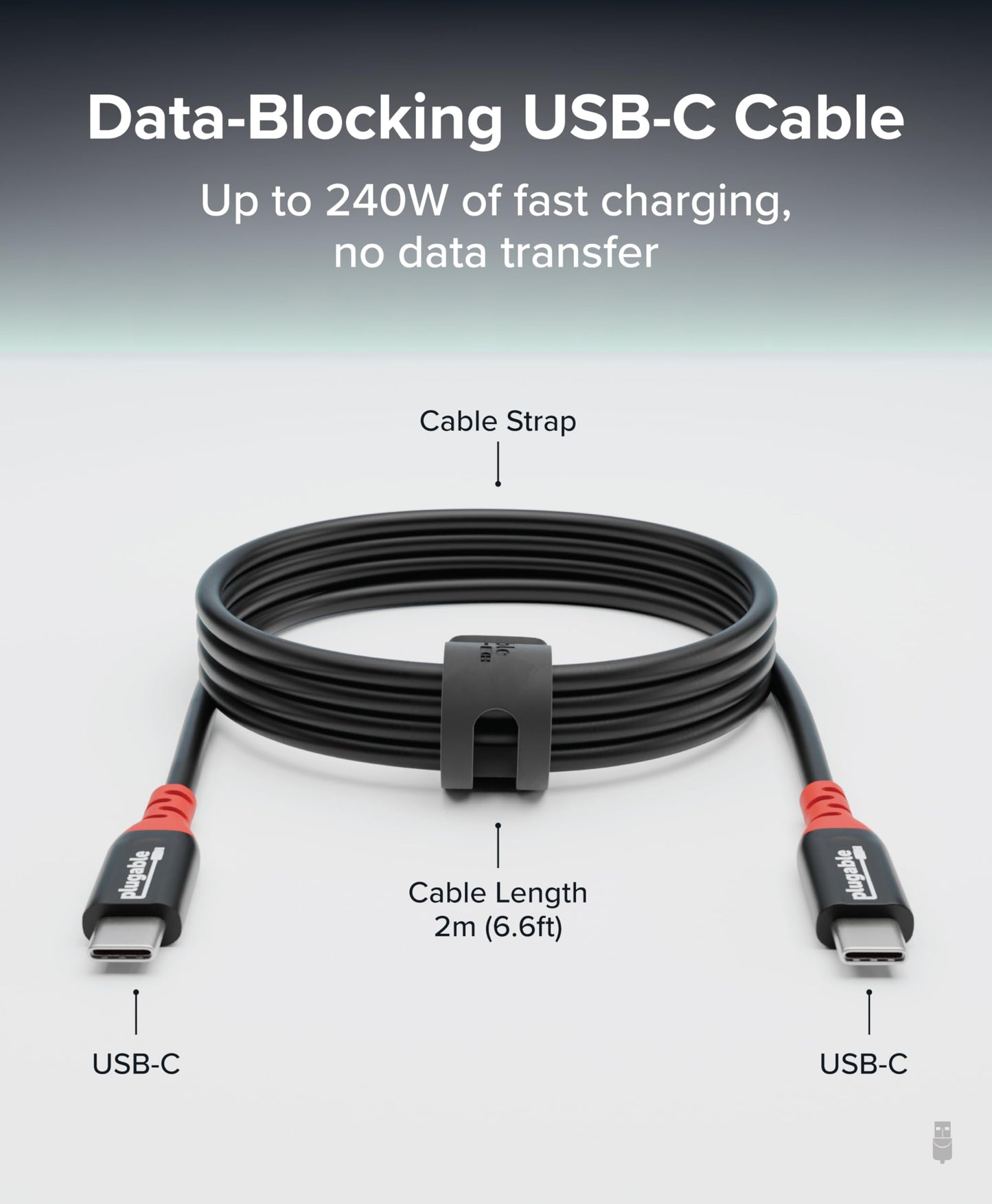 Plugable USB C to USB C Cable, Data Blocker Charge Only Cable (2m/6.6ft): 240W Safe Fast Charging for MacBook, iPhone 15/16, iPad, Galaxy S24, XPS