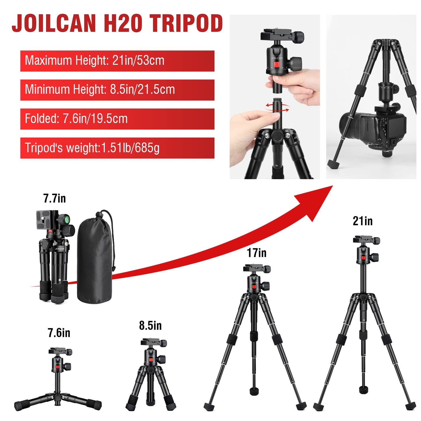 JOILCAN Mini Tripod for Camera, 21" Aluminum Desktop Tripod with 360° Ball Head, Portable Travel Tripods for DSLR Phone Projector, Load up to 15lb