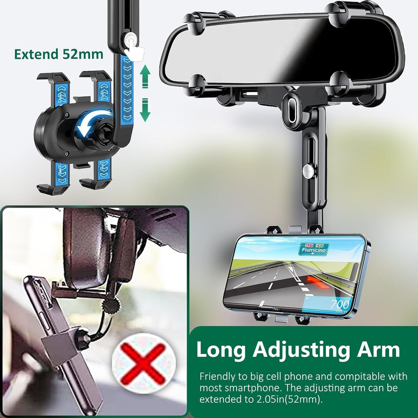 ILKCC Rearview Mirror Phone Holder for Car, 360° Rotating and Retractable Multifunctional Rear View Phone Mount, Upgraded Four Corners Fixed