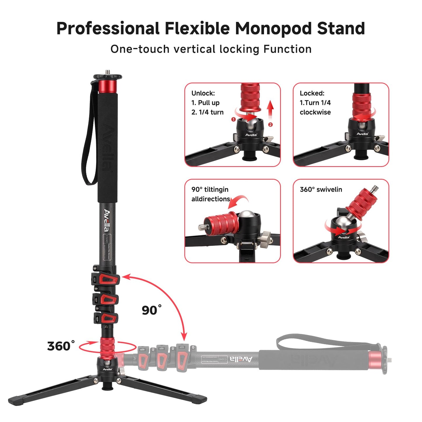 Avella C324D Carbon Fiber 67 Inch Camera Monopod Professional Telescopic Video Monopods Base Tripod for Canon Nikon Sony Olympus Panasonic DSLR Camera