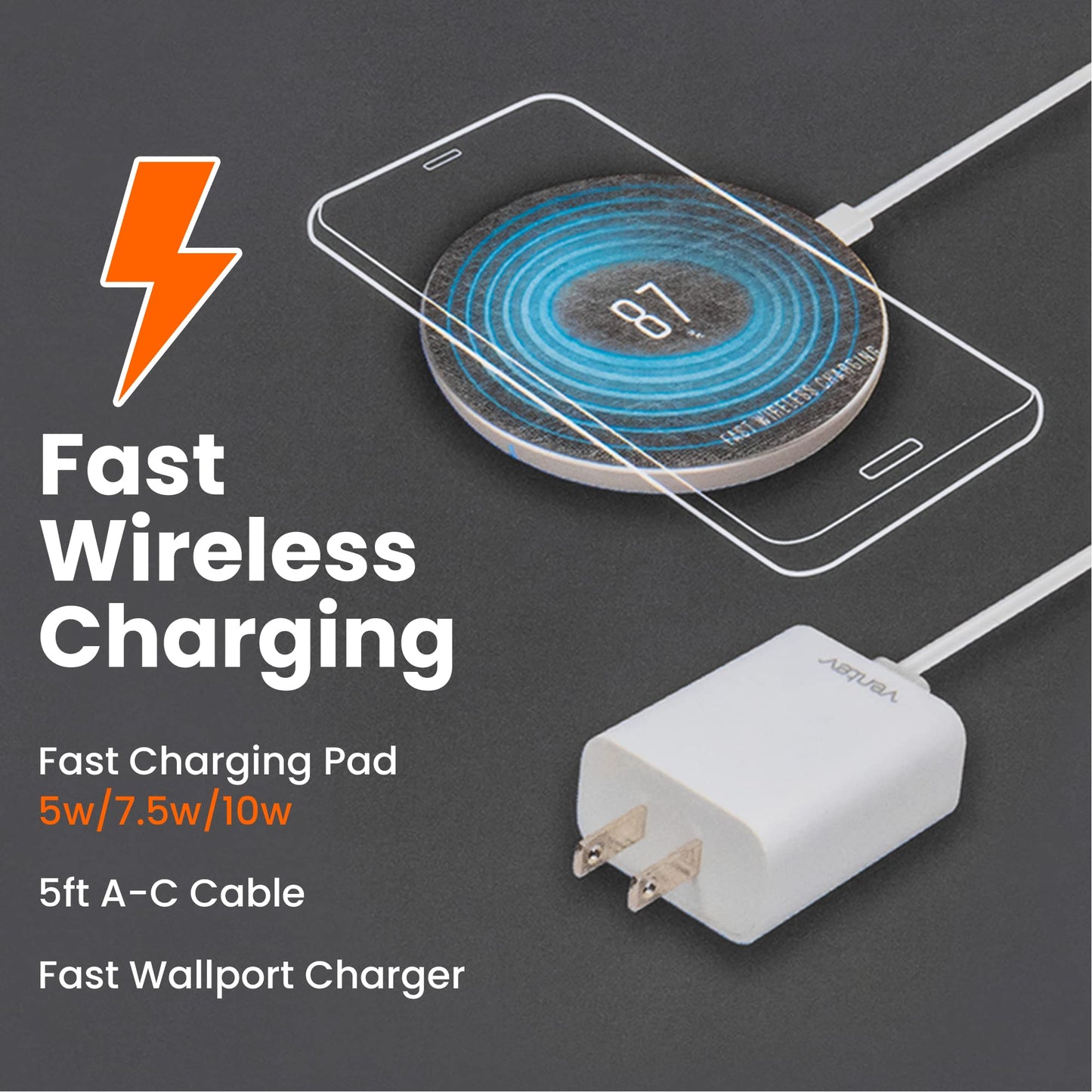 Ventev - 10W Qi Wireless Charging Pad for iPhone 17, Pro, Pro Max & Air, iPhones 16-12, AirPods, Samsung Galaxy, Note 20 | Qi Certified | Includes 5ft