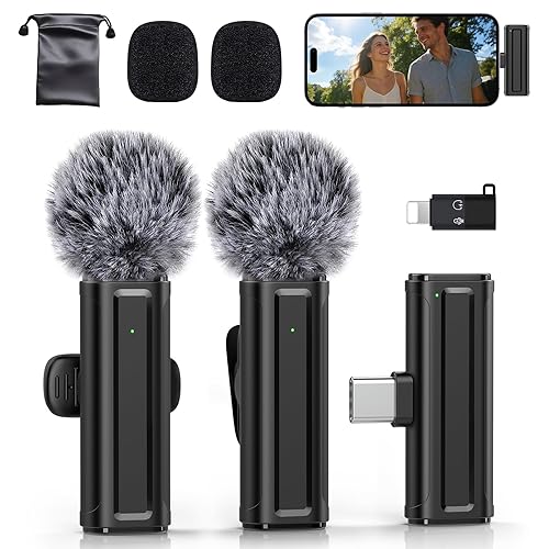 Wireless Mini Microphone for iPhone, iPad, Android, 2 Pack Lavalier Mic with 360° Rotatable Clip, Plug and Play Noise Reduction USB-C Mic for Video