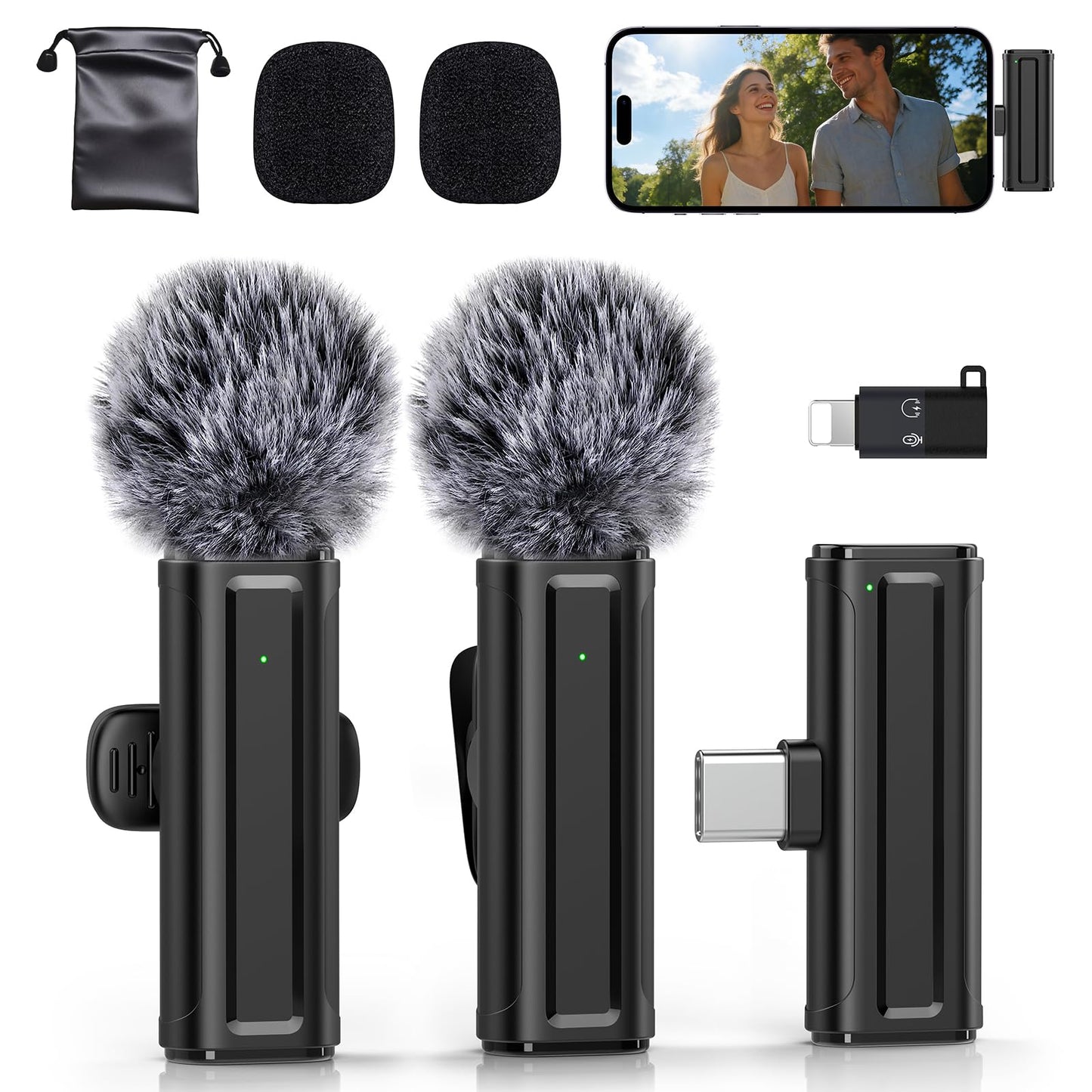Wireless Mini Microphone for iPhone, iPad, Android, 2 Pack Lavalier Mic with 360° Rotatable Clip, Plug and Play Noise Reduction USB-C Mic for Video