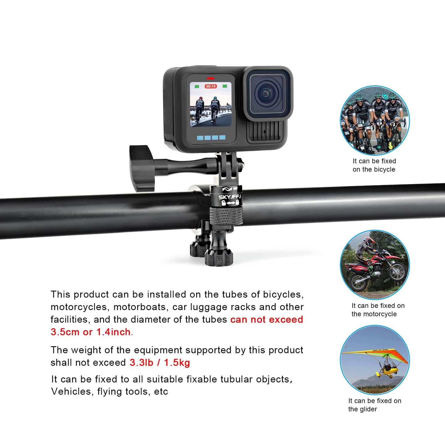 SKYJFFJ Bike Handlebar Mount forGopro Hero 13 12 11 10 9 8 DJI Osmo Insta360 AKASO and Other Action Camera 360-degree Rotation for 0.6-1.38 inch