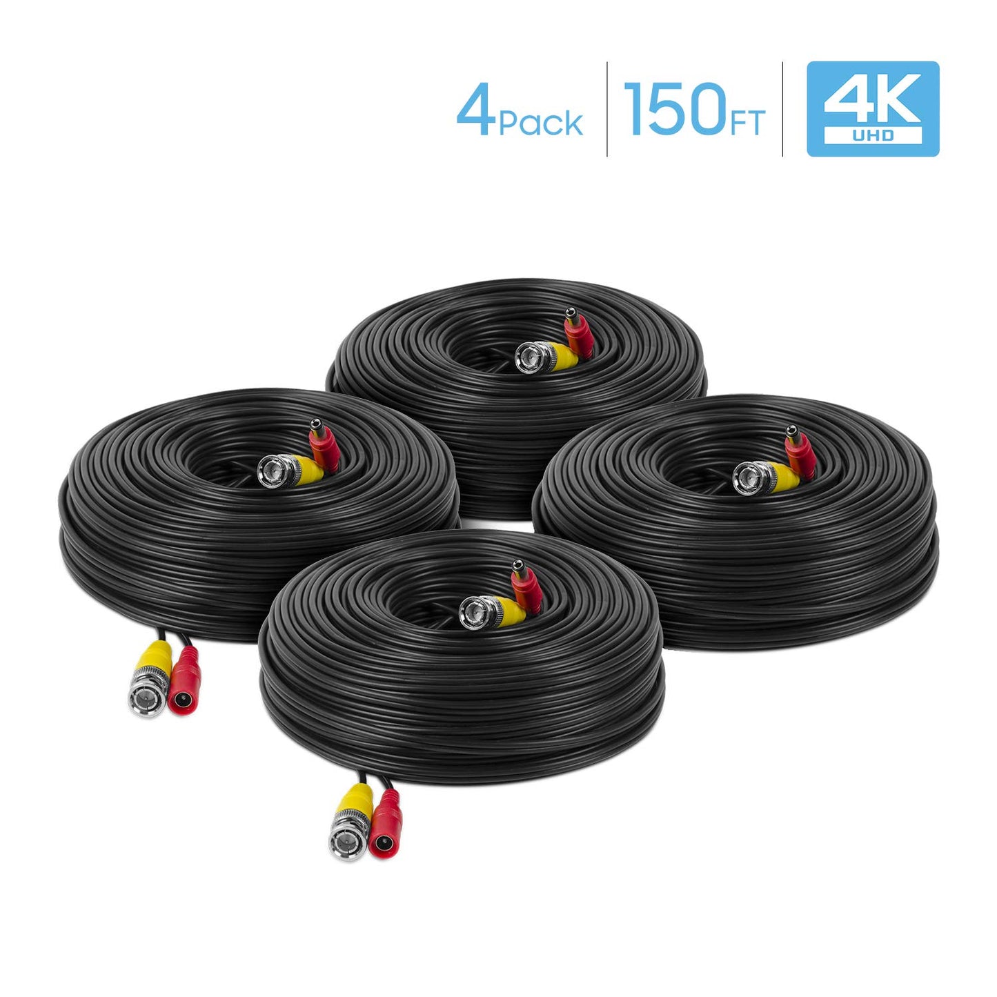 Amcrest 4-Pack 4K Security Camera Cable - 150FT BNC, All-in-One Video & Power for HDCVI, HDTVI, Analog, DVR (4PACK-SCABLE4K150B-PP)