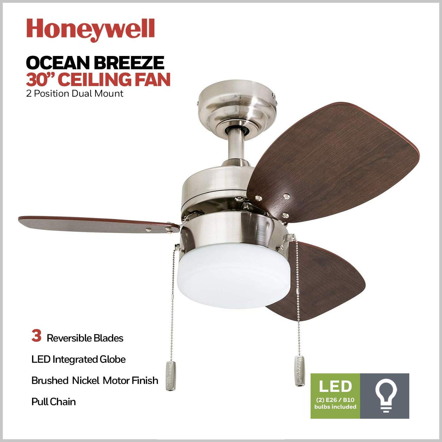 Honeywell Ceiling Fans Ocean Breeze Modern 30 Inch Ceiling Fan with Light