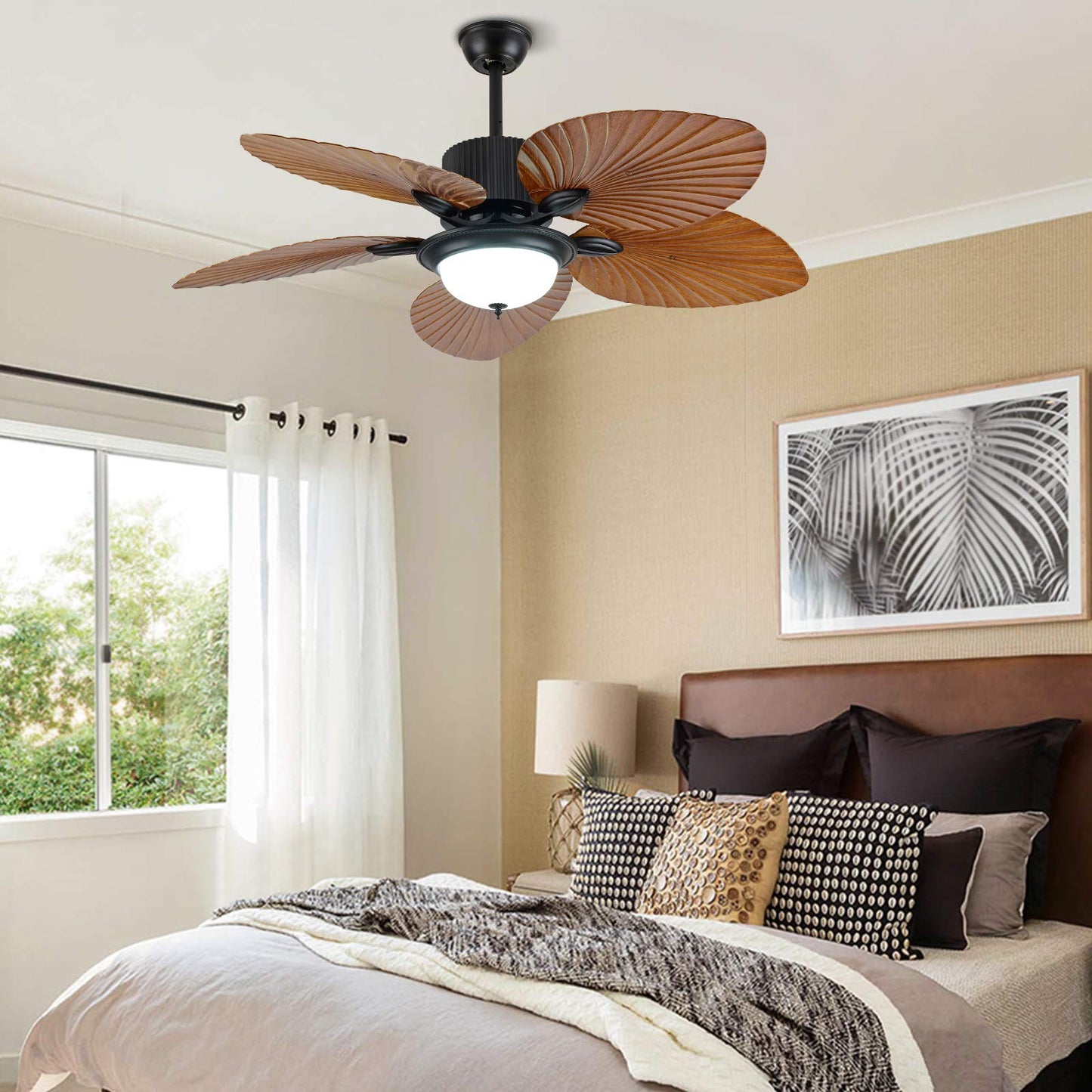 N/B 52 Inch Tropical Palm Leaf Ceiling Fan Chandelier Bedroom Living Room 5 Leaf Decorative Light Ceiling Lamp with Remote Control