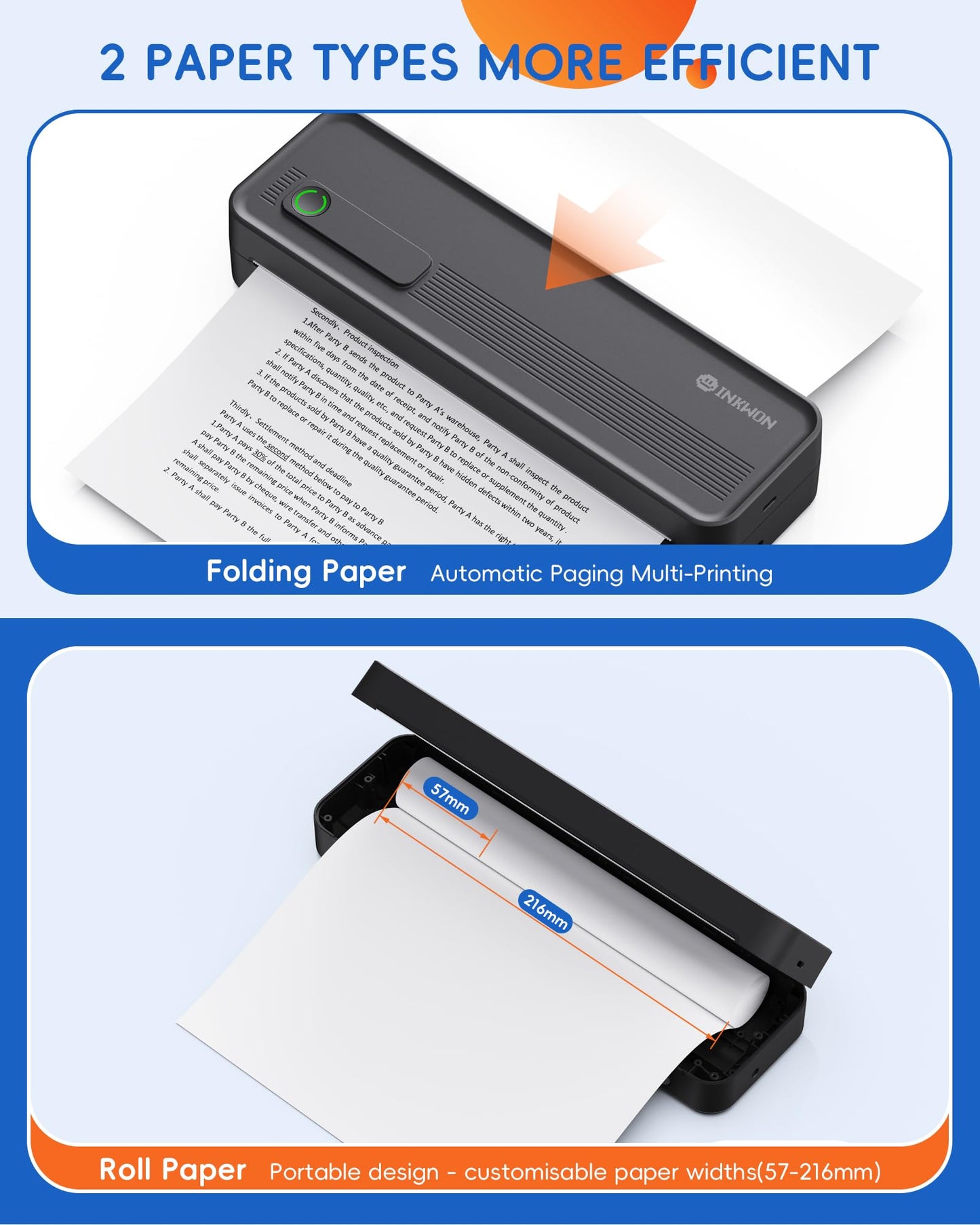 InkWon A41 Bluetooth Thermal Printer, Portable Inkless Printer for Travel Supports 8.5 x 11 Inch Paper, Small Mobile Printing Device Ideal for Office