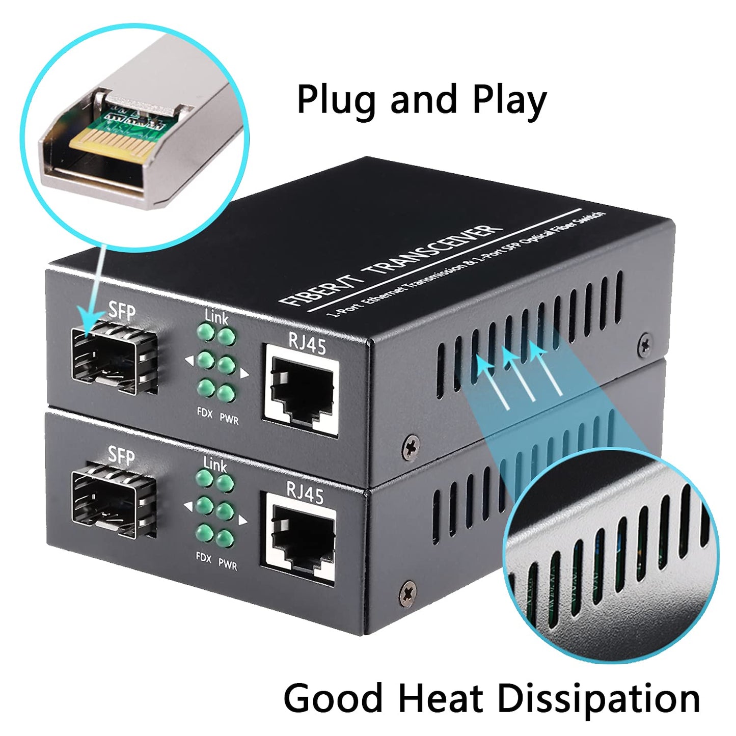 A Pair of 1.25G/s Bidi Gigabit Multi-Mode Fiber Ethernet Media Converter with 2PCS Bidi SFP LC Dual Transceiver Module Included, 10/100/1000Base-Tx