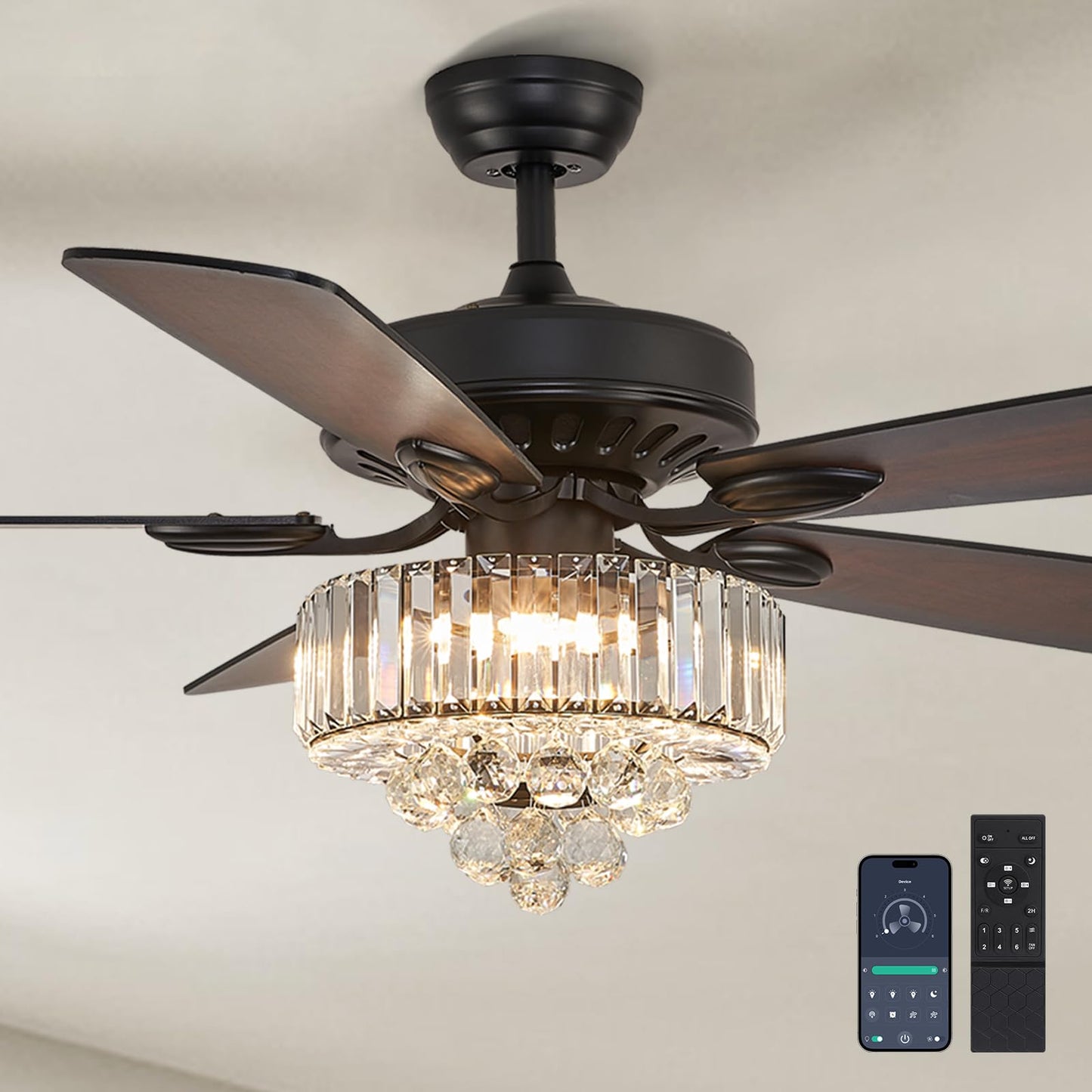 NOXARTE 52 Inch Crystal Ceiling Fan with Light, Modern LED Fandelier with Remote, Black Chandelier Fan Reverse Motor Wood Blades with 6 Speeds