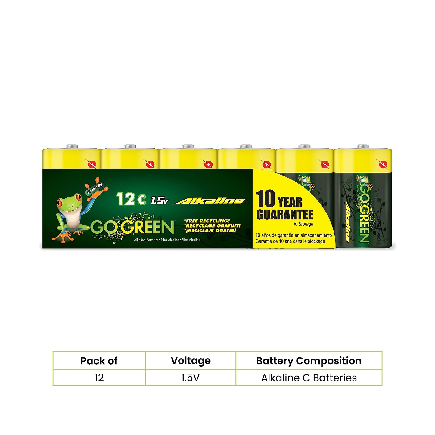 GoGreen Power (24013) Eco Friendly Alkaline C Batteries - No Lead, Cadmium or Mercury - Pack of 12