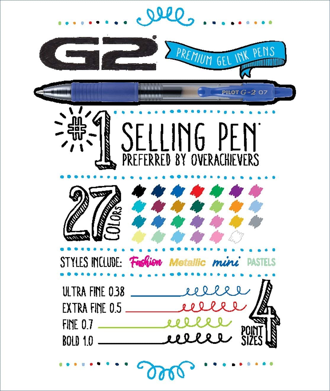 Pilot G2 Premium Refillable and Retractable Gel Ink Pens Fine Point (0.7mm), Retractable Pens, 7 Colors, 8 Count