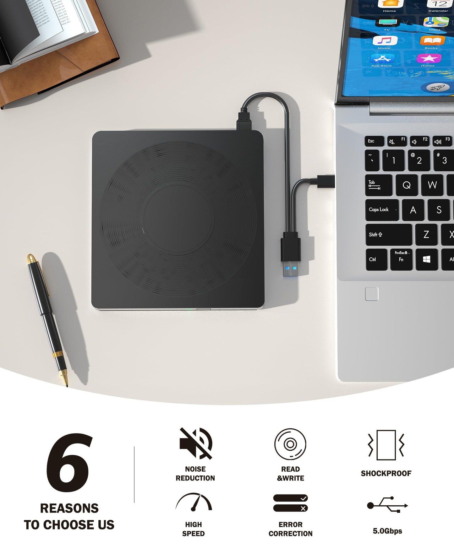 5 in 1 External DVD Player For Laptop with LightScribe DVD Burner CD Rom External CD/DVD Drive For PC Usb 3.0 External DVD Drive, DVD Reader Disc