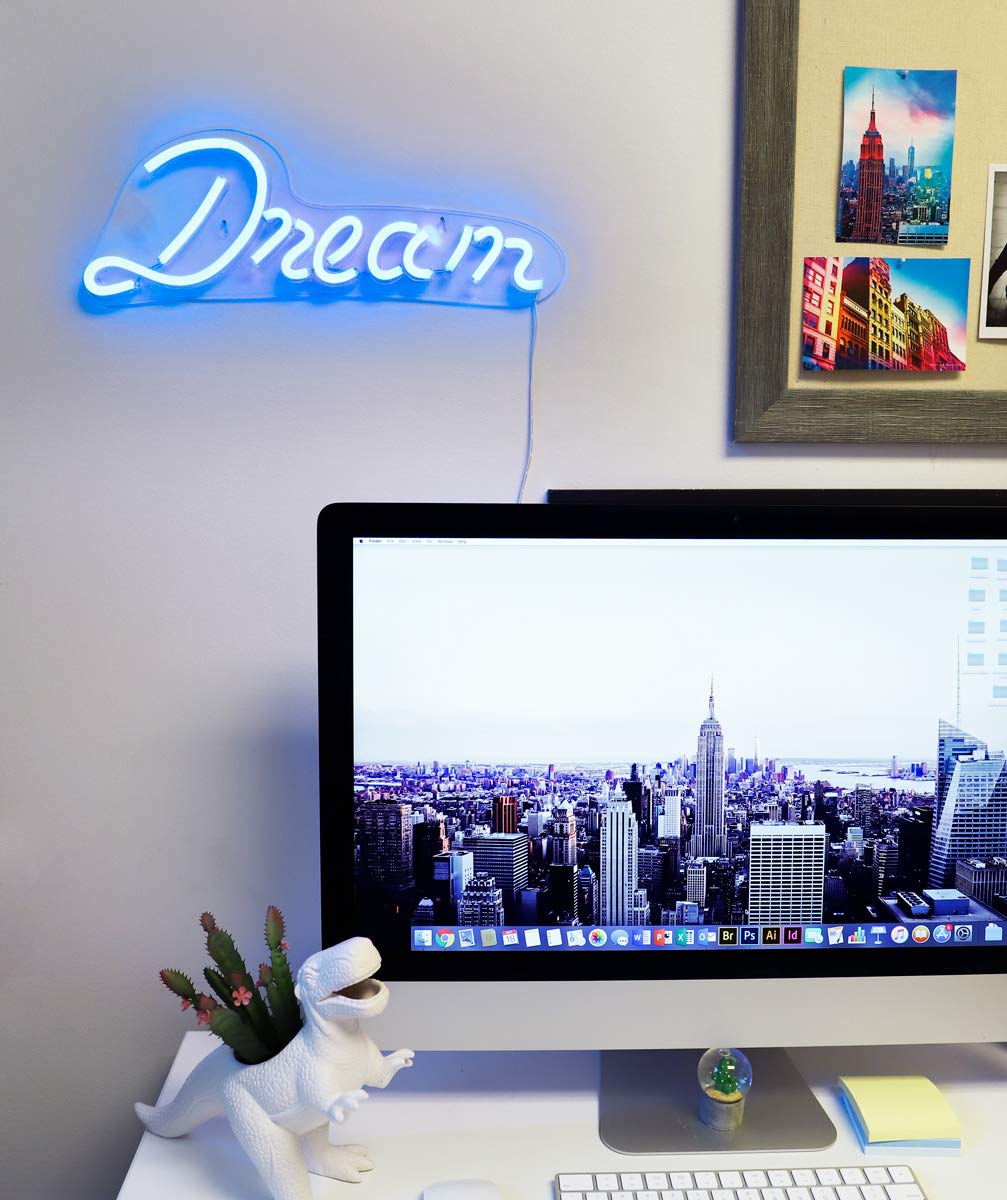 Isaac Jacobs 17" by 6" inch LED Neon Blue “Dream” Wall Sign For Cool Light, Wall Art, Bedroom Decorations, Home Accessories, Party, and Holiday Decor
