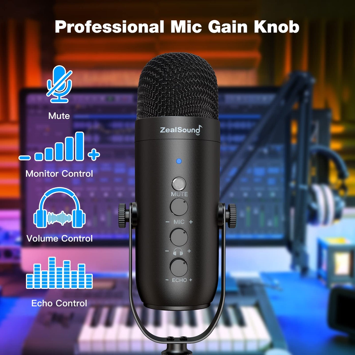 ZealSound Gaming Microphone for PC, USB Podcast Microphone with Noise Reduction, Mute & Gain Control, Zero-Latency Monitoring, Echo Control, Boom Arm