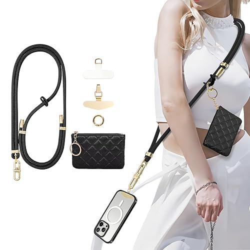 Phone Lanyard Crossbody with Leather Zipper wallet,2 Phone Tabs,360 ° rotation Premium Metal Buckles Anti theft Adjustable Lanyard,for All