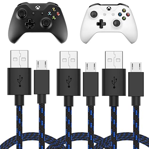 TalkWorks Charging Cable Compatible with Xbox One Controller - 6-Foot Long Fast Charger Cord Micro USB for X-Box 1 - Heavy-Duty, Braided Black-Blue (3