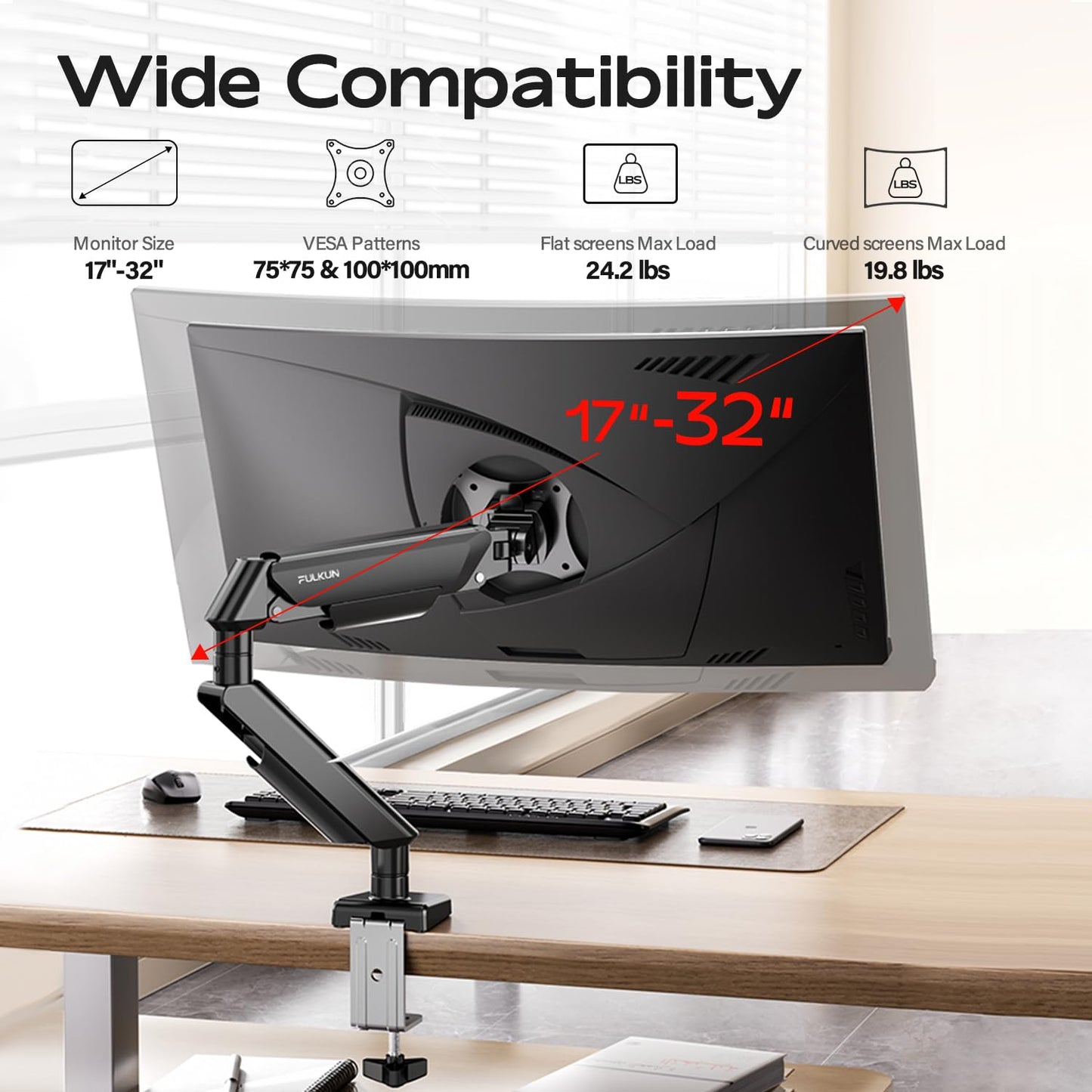 FULKUN Single Monitor Mount Stand - Full Motion Articulating Arm with Gas Spring,17-32 inch Computer Screen Mount, VESA 75x75/100x100, Clamp/Grommet