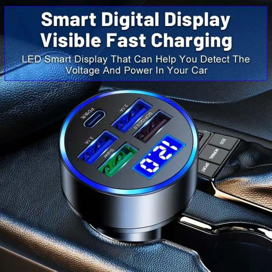 RDRKR 120W 5-Port Car Charger with PD Fast Charging & LED Voltage Display - USB C Cigarette Lighter Adapter (4 USB + 1 PD) for iPhone, Android