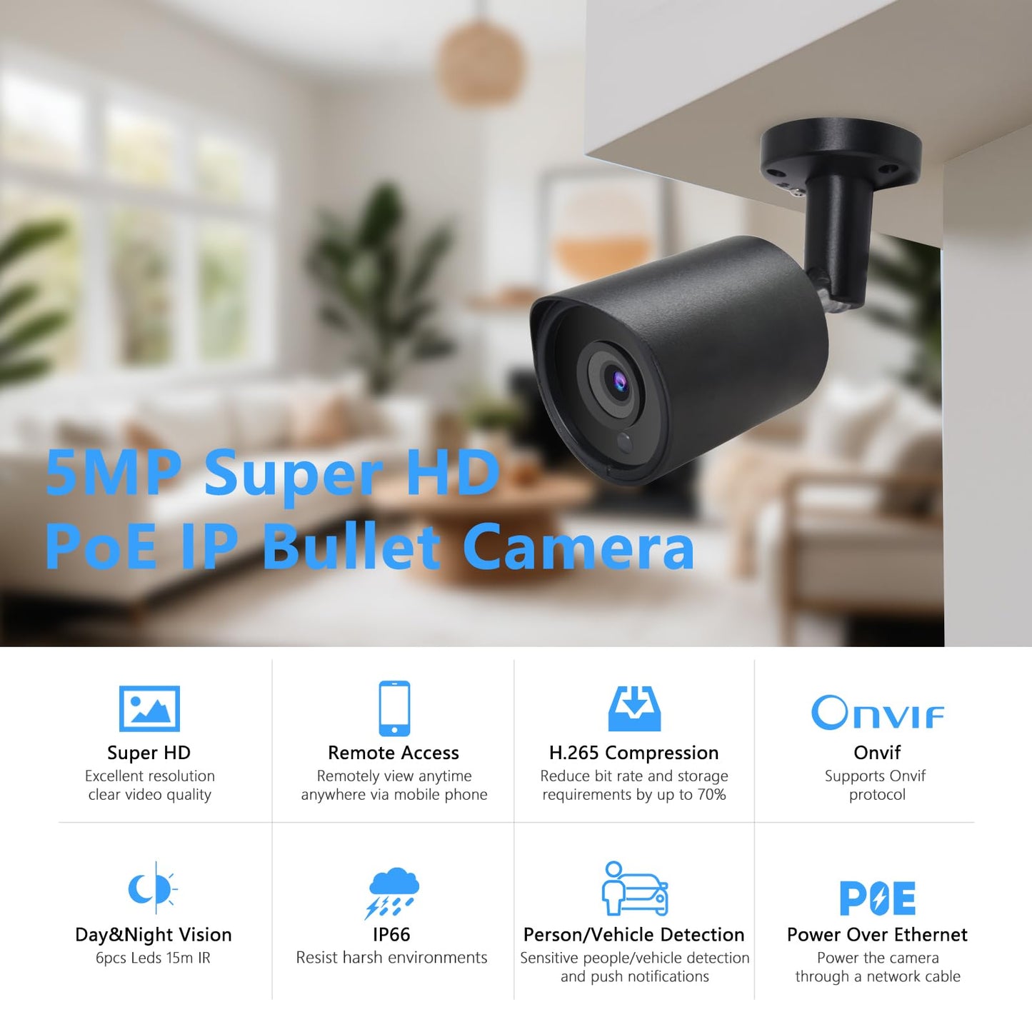 Inwerang 5MP PoE IP Security Camera, H.265 Bullet IP Camera with 105° Wide Angle, 2.8mm Lens, 80ft Night Vision, Compatible with Third-Party NVRs