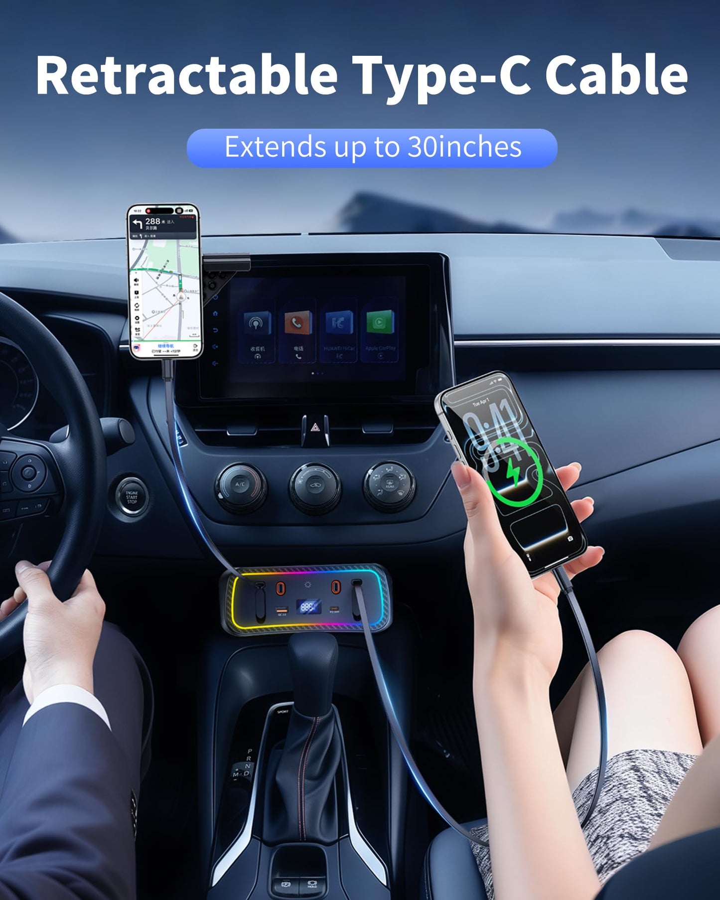 DICMKY Car Charger Usb Hub with RGB Light for 2026 2025 2024 2023 2022 2021 2020 Toyota Corolla Accessories, 4-Port Docking Station with Retractable