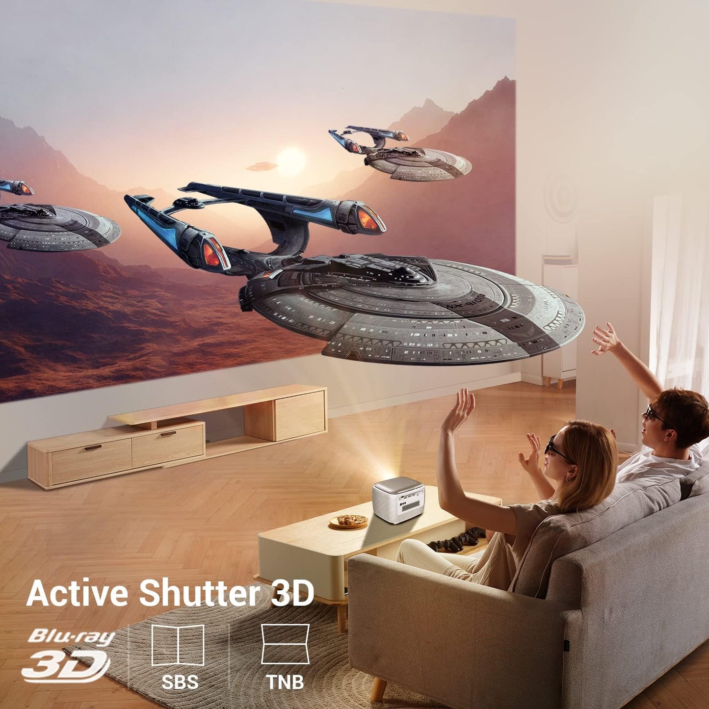 Outdoor-Projector-4k with WiFi and Bluetooth, AI Auto Focus 3D Projector, Smart Home Theater Outdoor Cinema with Rechargeable Battery, DLP Portable