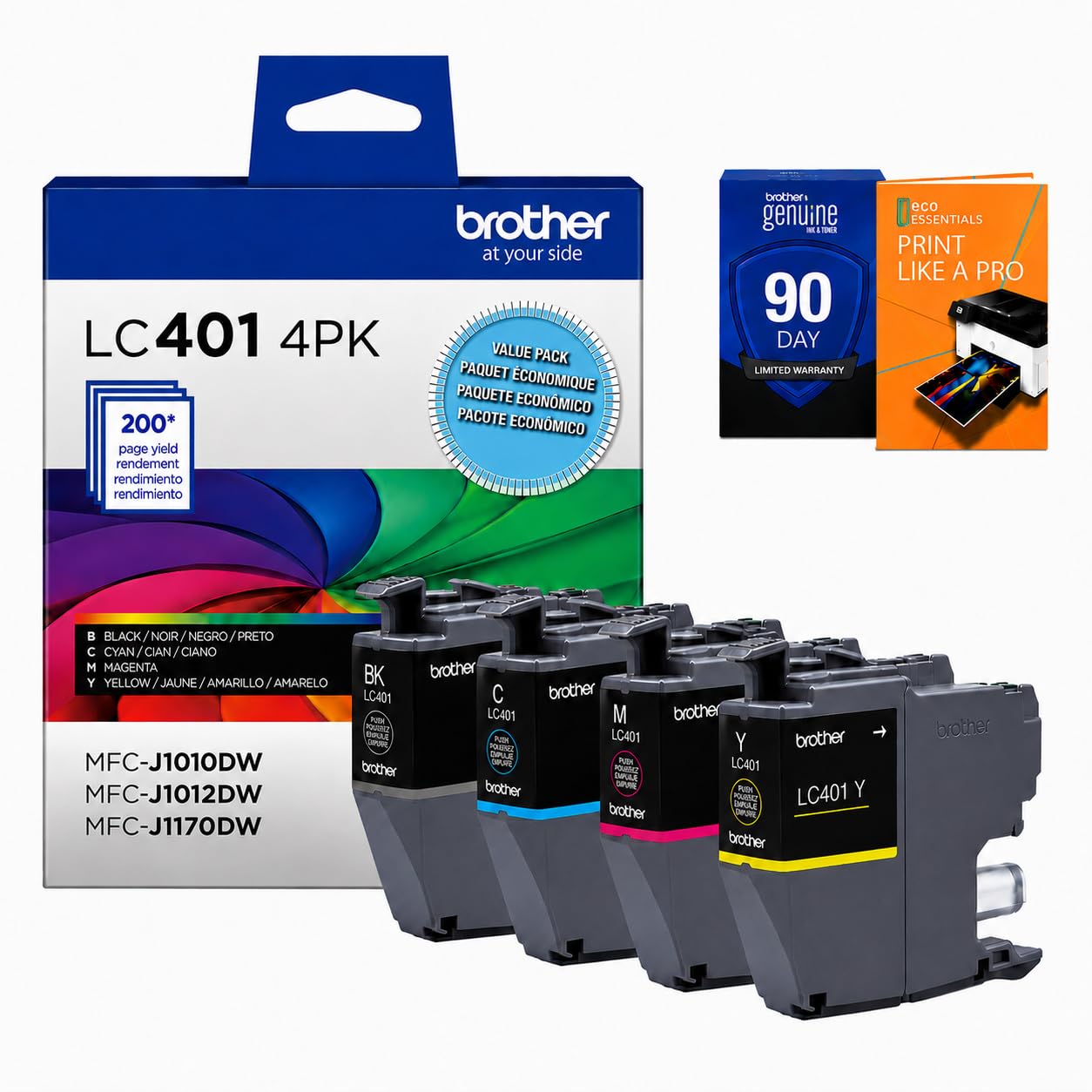 Brother Genuine LC401 4-Pack Color Standard Yield Ink Cartridge (Black, Cyan, Magenta, Yellow) Bundle with Deco Essentials Printer eBook