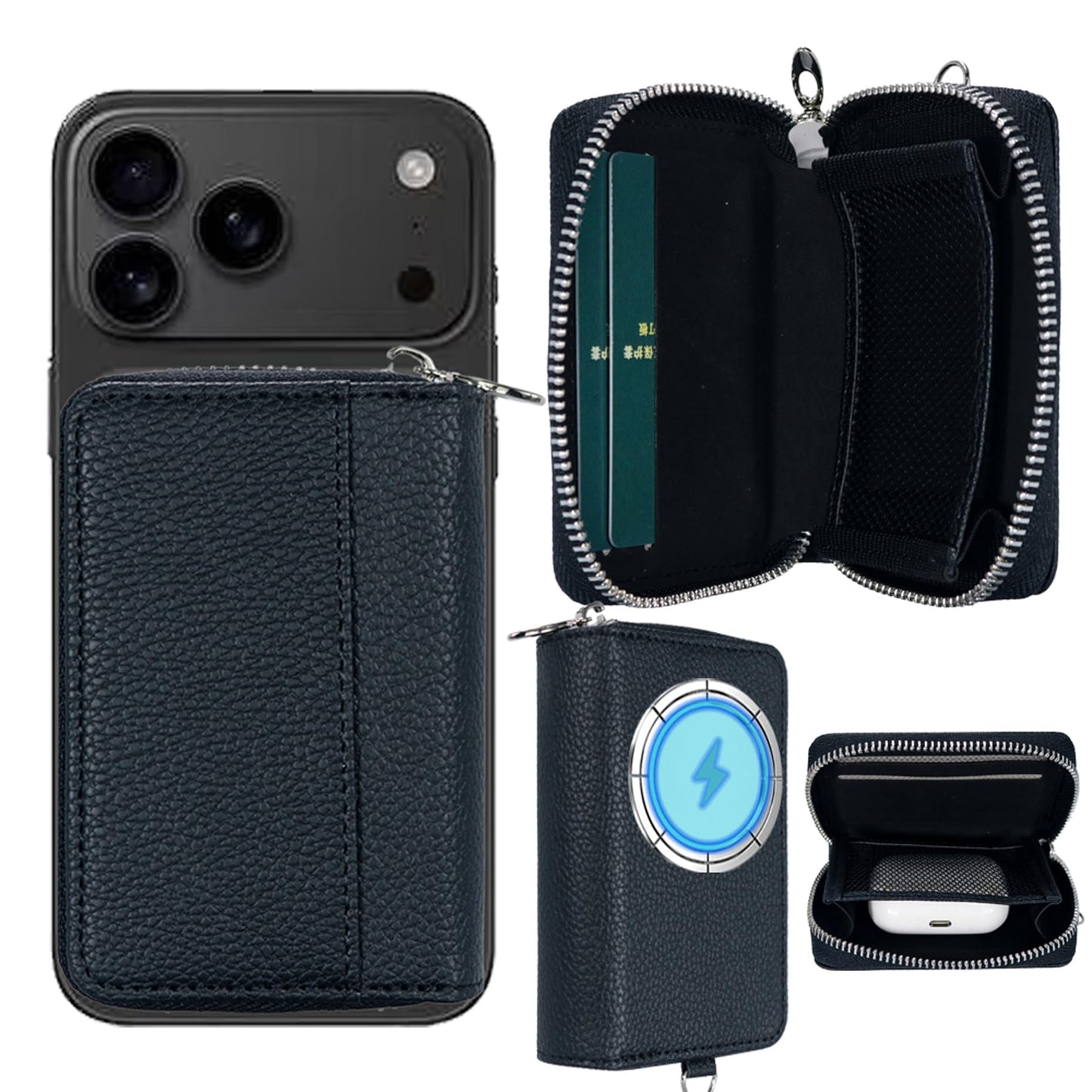 Strong Magnetic for MagSafe Wallet Pouch / Pixelsnap, Zipper Pocket Large Capacity for Earpod/Earphone/Car Keys & More, 3 Card Slots RFID Block