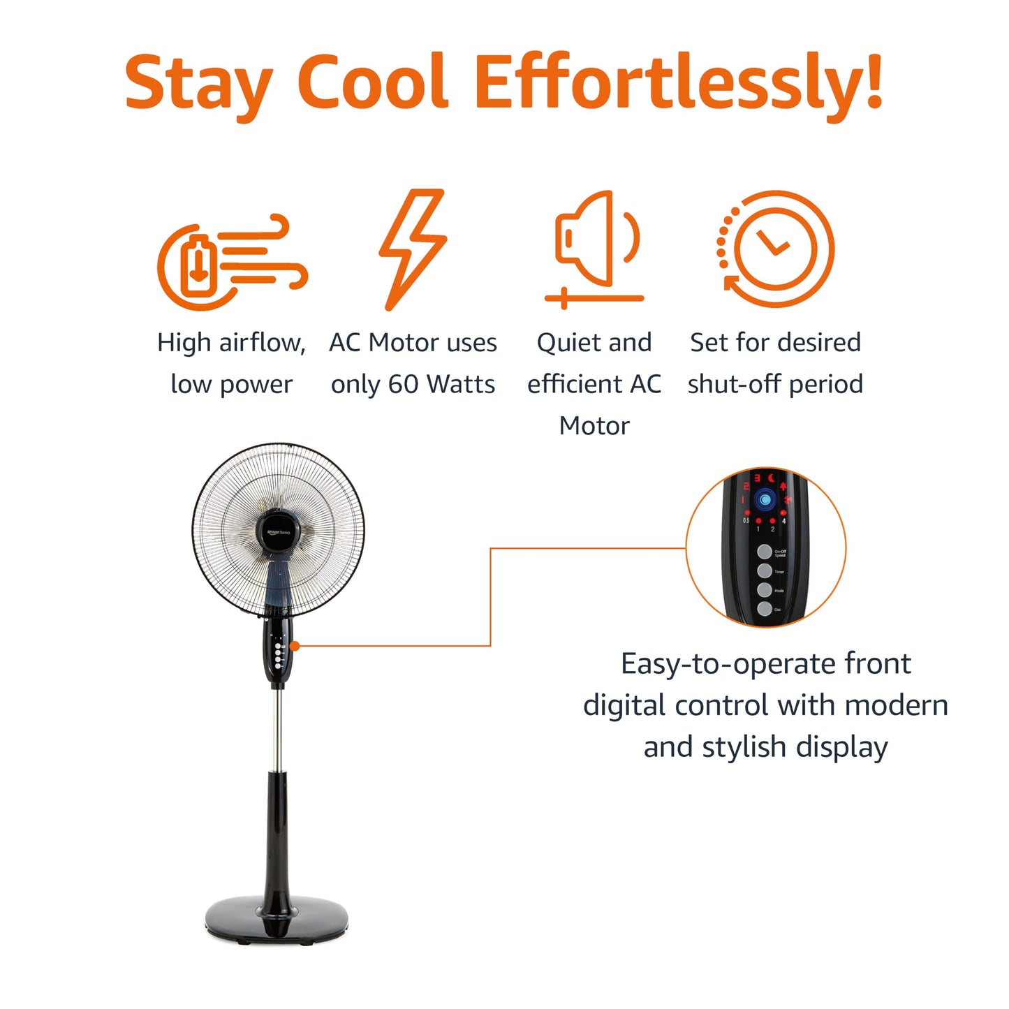 Amazon Basics 16" Pedestal Fan with Remote for Bedroom, Living Room, Office, Adjustable Height, Dual-Layered Blades, 3 Speeds, 3 Modes, Timer, Tilt