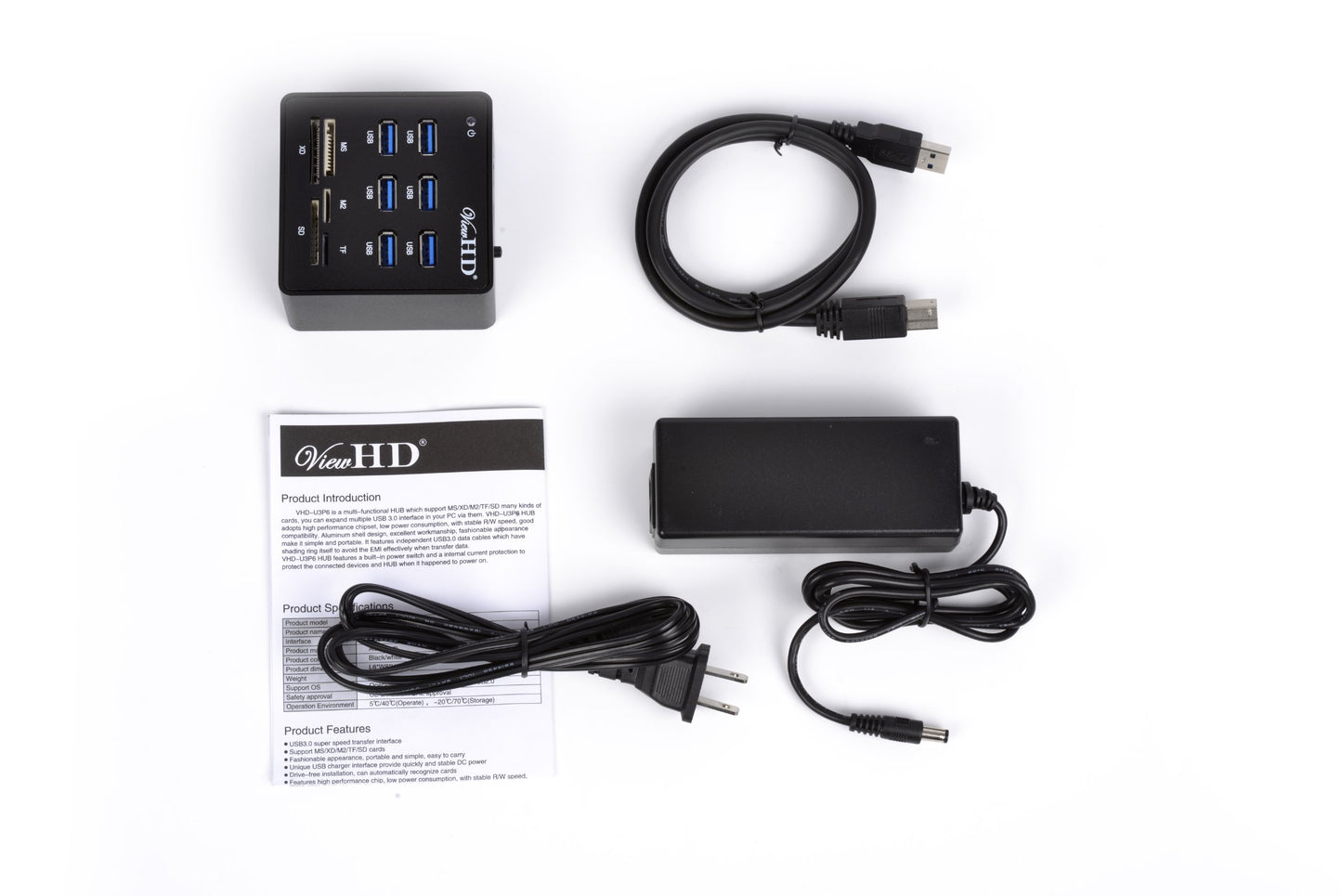 ViewHD Premium Quality USB 3.0 6-Port Hub with Card Reader & On/Off Switch + 12V 4A Power Adapter + USB Cable in Full Metal Case (Black) | VHD-U3P6B