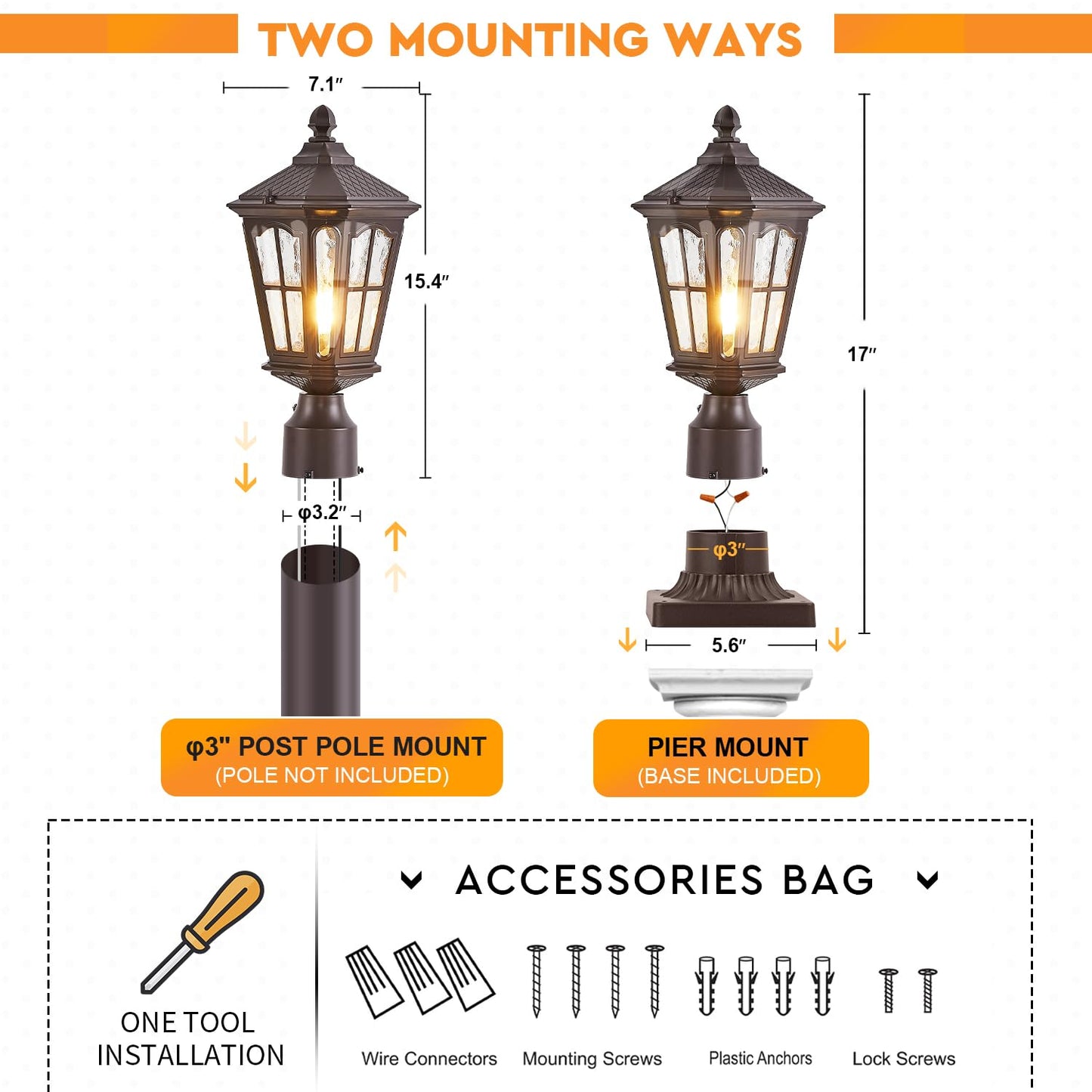 GYDZ Dusk to Dawn Outdoor Post Lights with Pier Mount Base, Aluminum Exterior Pillar Light Fixture with Water Ripple Glass, Oil Rubbed Bronze Pole