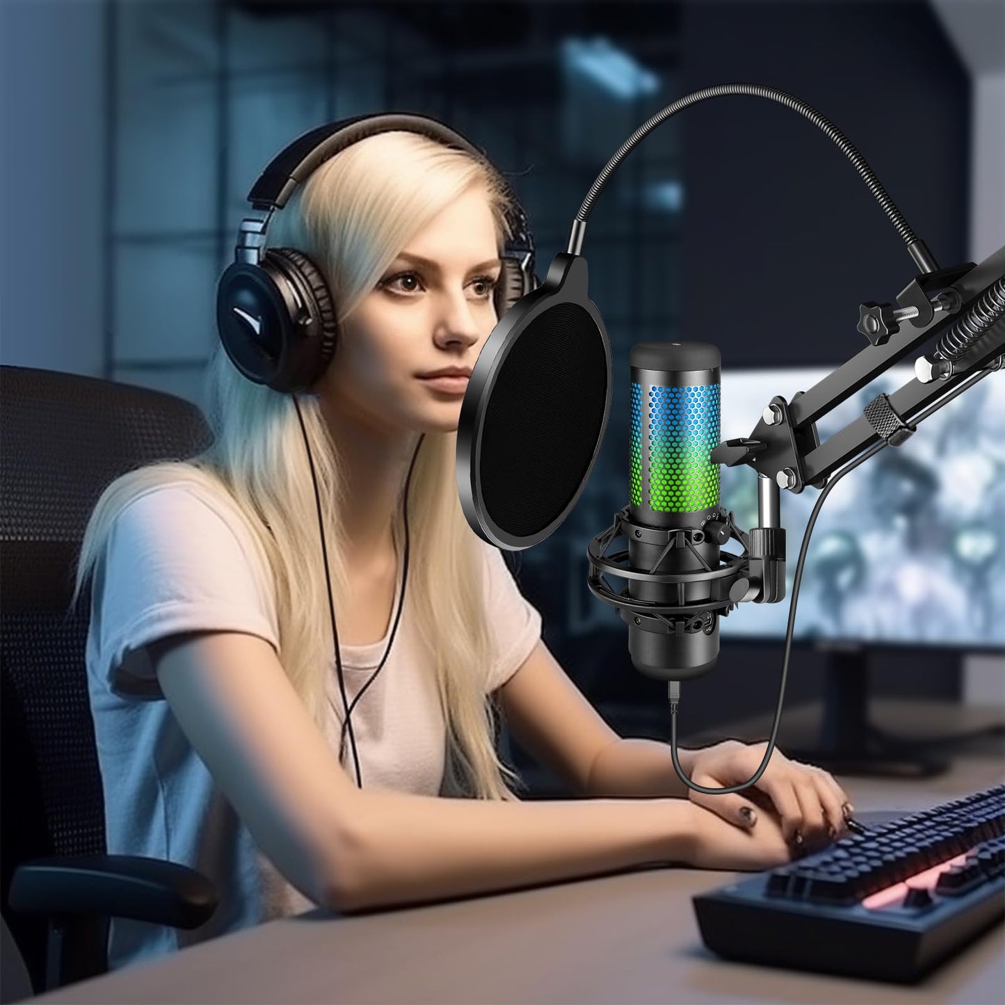 Aokeo Professional Microphone Pop Filter Mask Shield For Blue Yeti and Any Other Microphone,Mic Dual Layered Wind Pop Screen With Flexible 360°