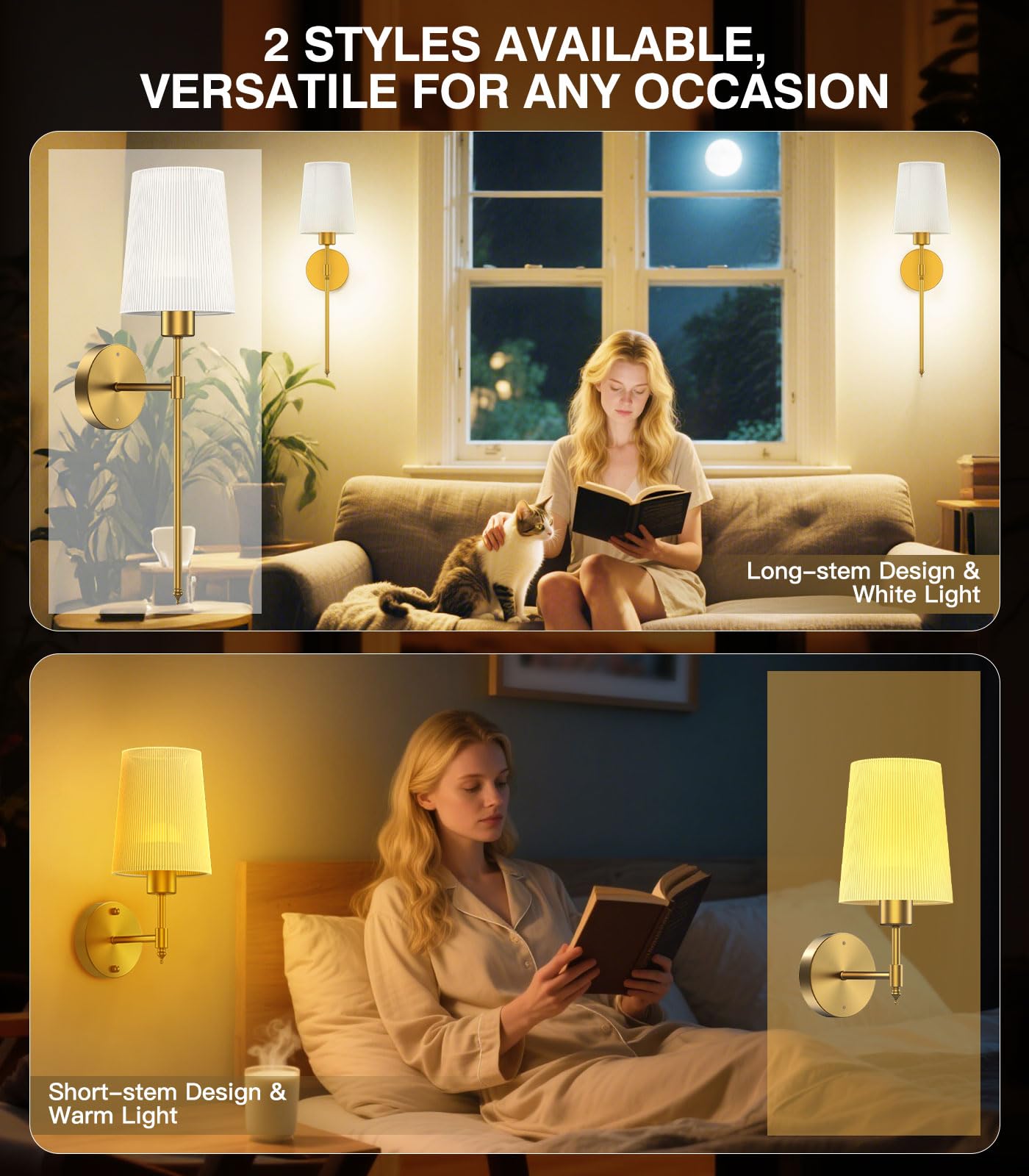 Wireless Wall Sconces Set Of Two,Rechargeable10000mah & 500 Lumens Battery Operated Wall Sconce,22in Gold Wall Lights With RGB Magnetic Bulb