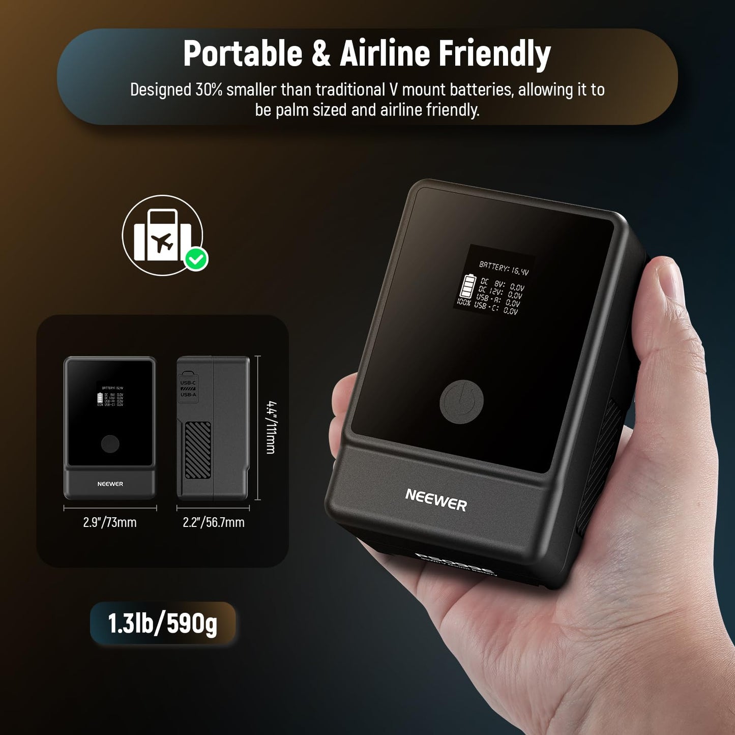 NEEWER Basics V Mount Battery PS099E, 6800mAh/99Wh Mini V Lock with OLED Display, D Tap/Type C Cable, PD65W USB C Fast Charging, D Tap/BP/USB A/DC