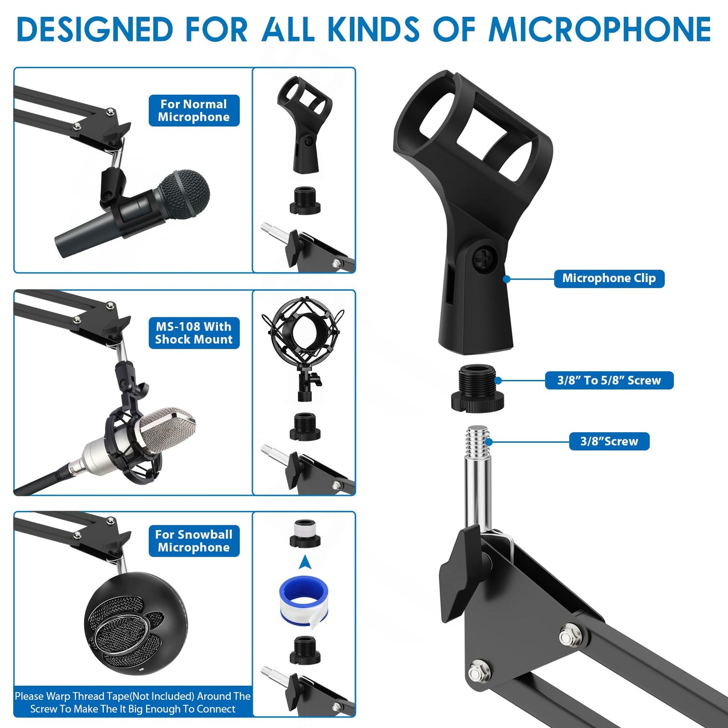 K KASONIC Microphone Stand, Adjustable Microphone Desk Stand for HyperX Mic Boom Arm Stand for Broadcasting Recording, Voice-Over Sound Studio